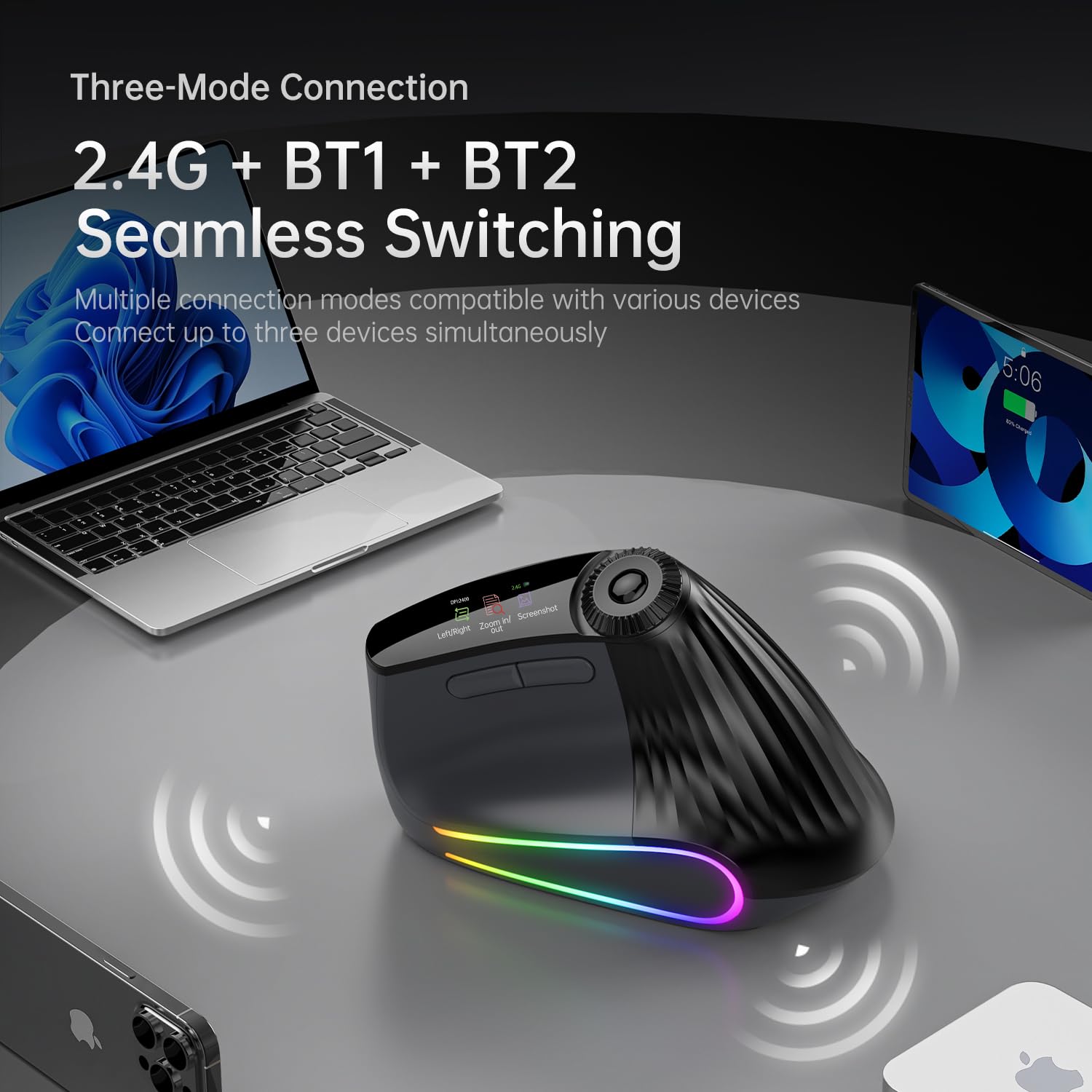 Photo 1 of NYIEFADA Ergonomic Vertical Mouse Wireless, Rechargeable Bluetooth Ultra-Fast Scrolling 4800 DPI Ergo Mouse, 2.4G Quiet Clicks 6 Buttons RGB Optical Mice, 3 Multi-Device Connectivity for Mac, Laptop