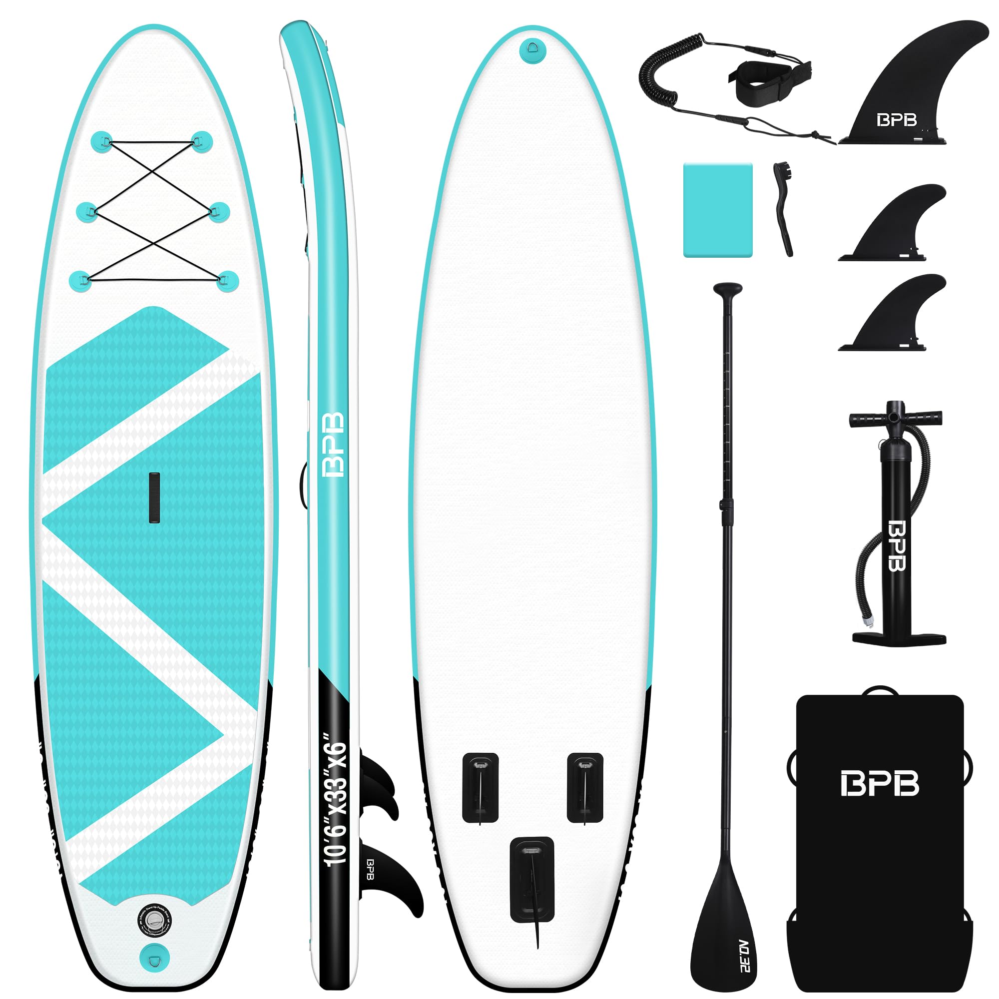 BPB Inflatable Stand Up Paddle Board 10'6"x33"x6", Ultra-Light SUP Board w/Inflatable Paddleboard, Adj Paddle, Pump, Backpack, Leash, 3 Fins, Non-Slip Deckpad, Repair Kit