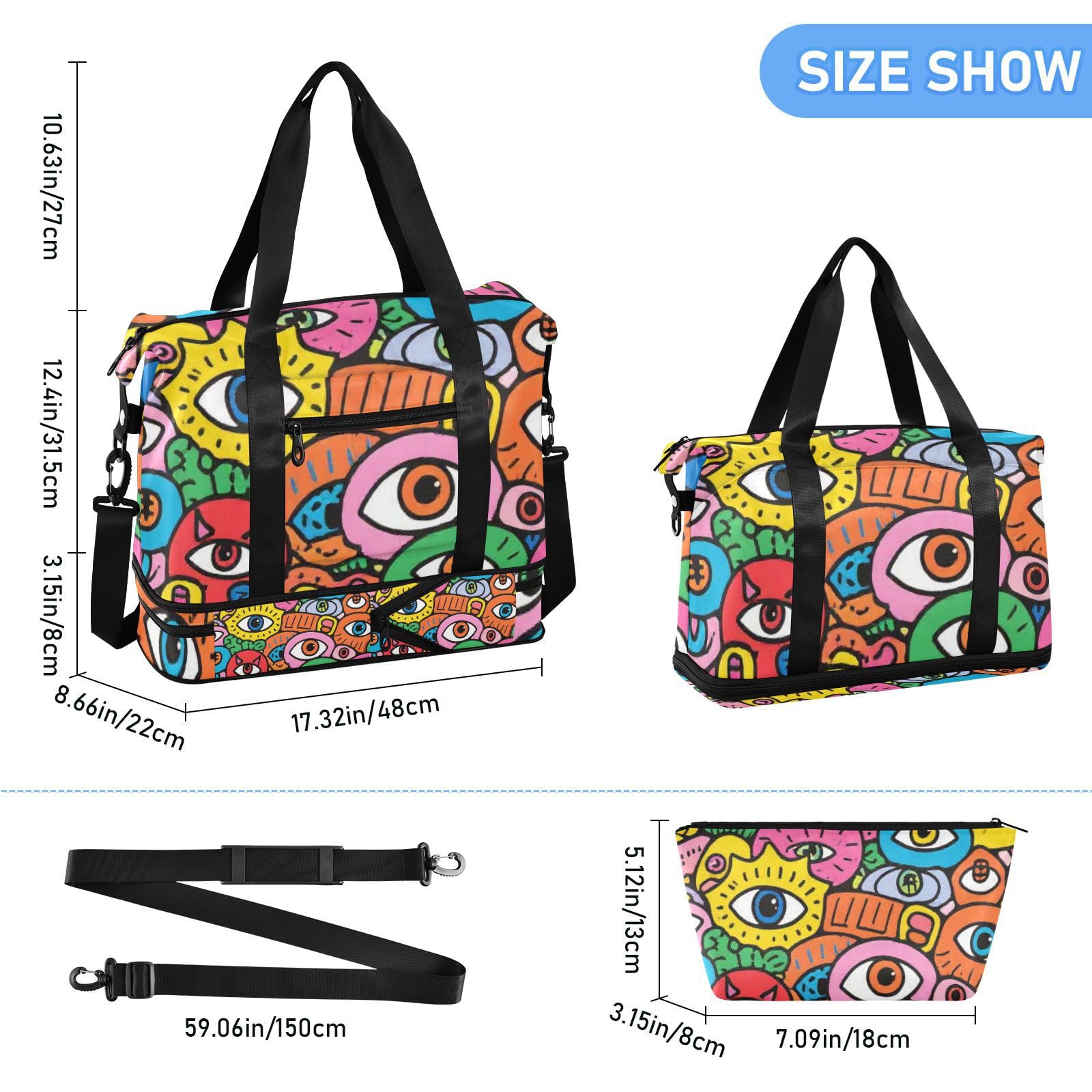 Eyes Evil Doodle kolorowa torba na przedmioty osobiste z mokrą kieszenią regulowany pasek sportowa torba na siłownię do podróży wodoodporna dla mężczyzn kobiet