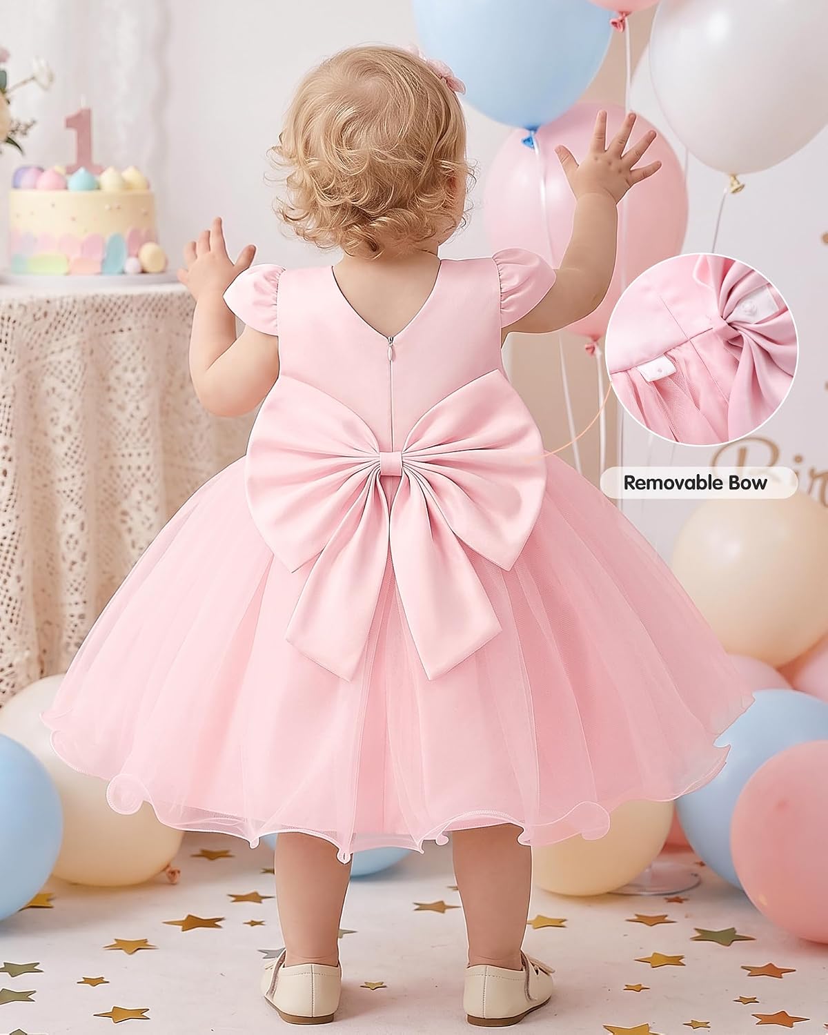 Toddler Baby Girls Dress Wedding Flower Girl Dress 6M-4T | Toddler Baby Tulle Dresses Round Neck V Back Removable Bow Pageant Party Birthday Formal