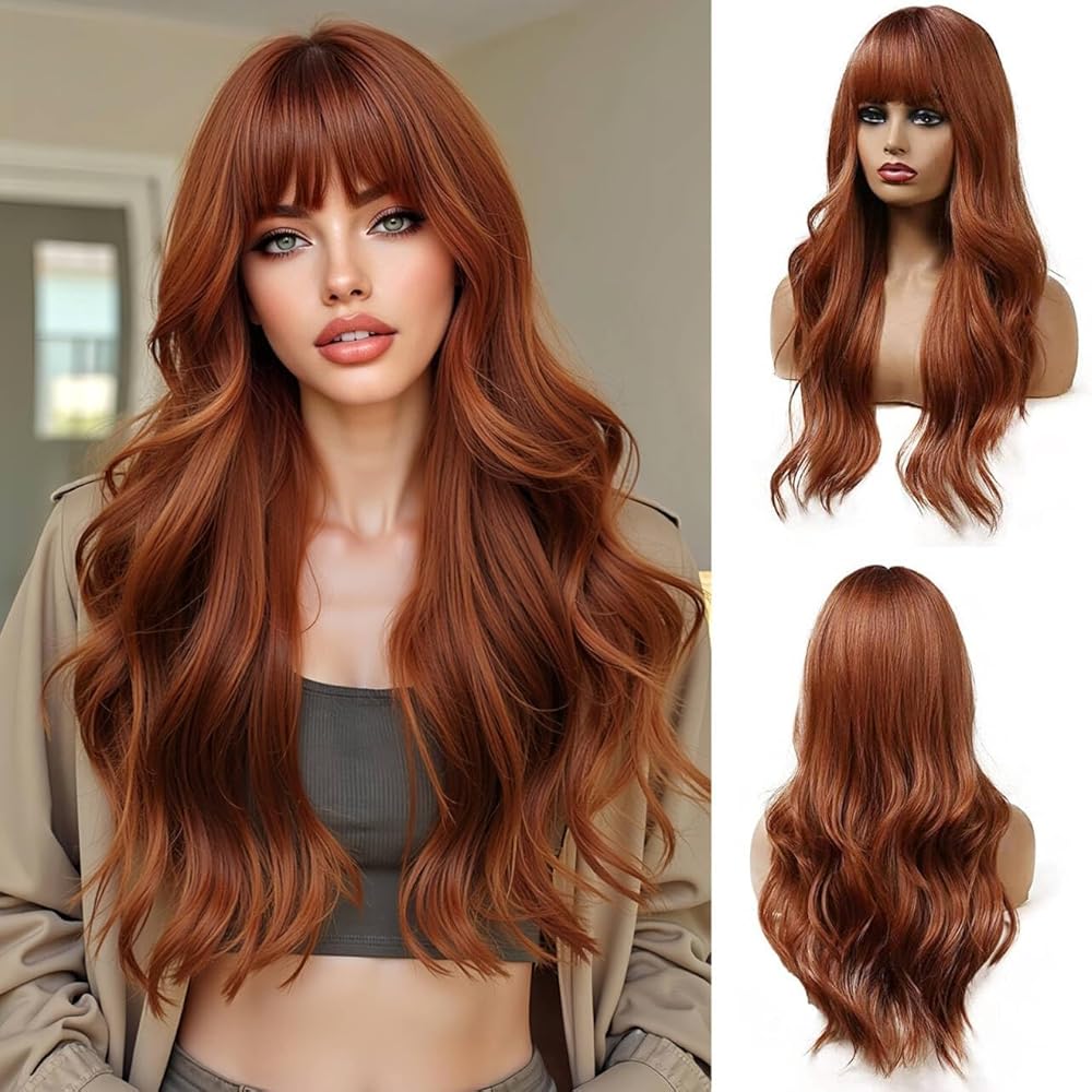 Esmee 24 Inches Long Wavy Copper Brown Wigs for Women Natural Synthetic Hair Heat Resistant Wigs with Bangs for Daily Party Cosplay Use