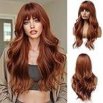 Esmee 24 Inches Long Wavy Copper Brown Wigs for Women Natural Synthetic Hair Heat Resistant Wigs with Bangs for Daily Party Cosplay Use