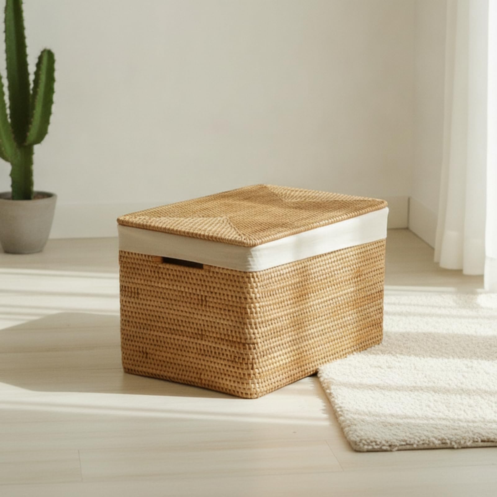 Baúl Mimbre Caja Almacenaje Cuadrada Resistente Caja con Tapa Decorativa para Dormitorio, Caja Cuadrada Japonesa De Ratán, Grande, 43 28 35cm