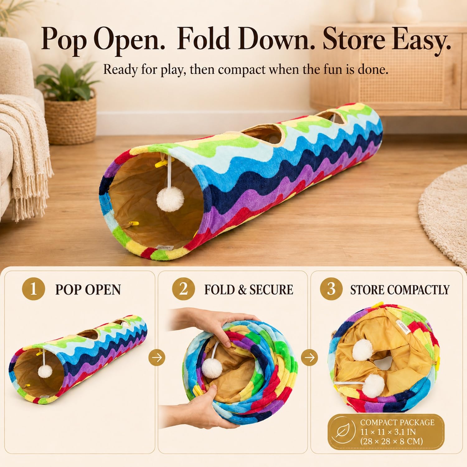 Tubo de túnel plegable con bolas de felpa, para mascotas pequeñas, conejos, gatitos, hurones, cachorros y perros, color arcoíris