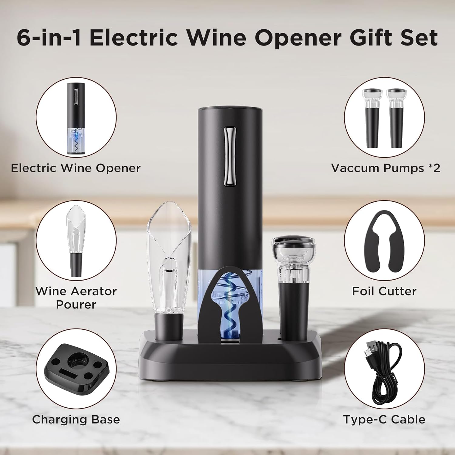 Electric Wine Opener with Charging Base LED Rechargeable Wine Bottle Opener Set Automatic Corkscrew Openers with Aerator Pourer Foil Cutter 2 Vacuum Preservation Stoppers Gift Box Design