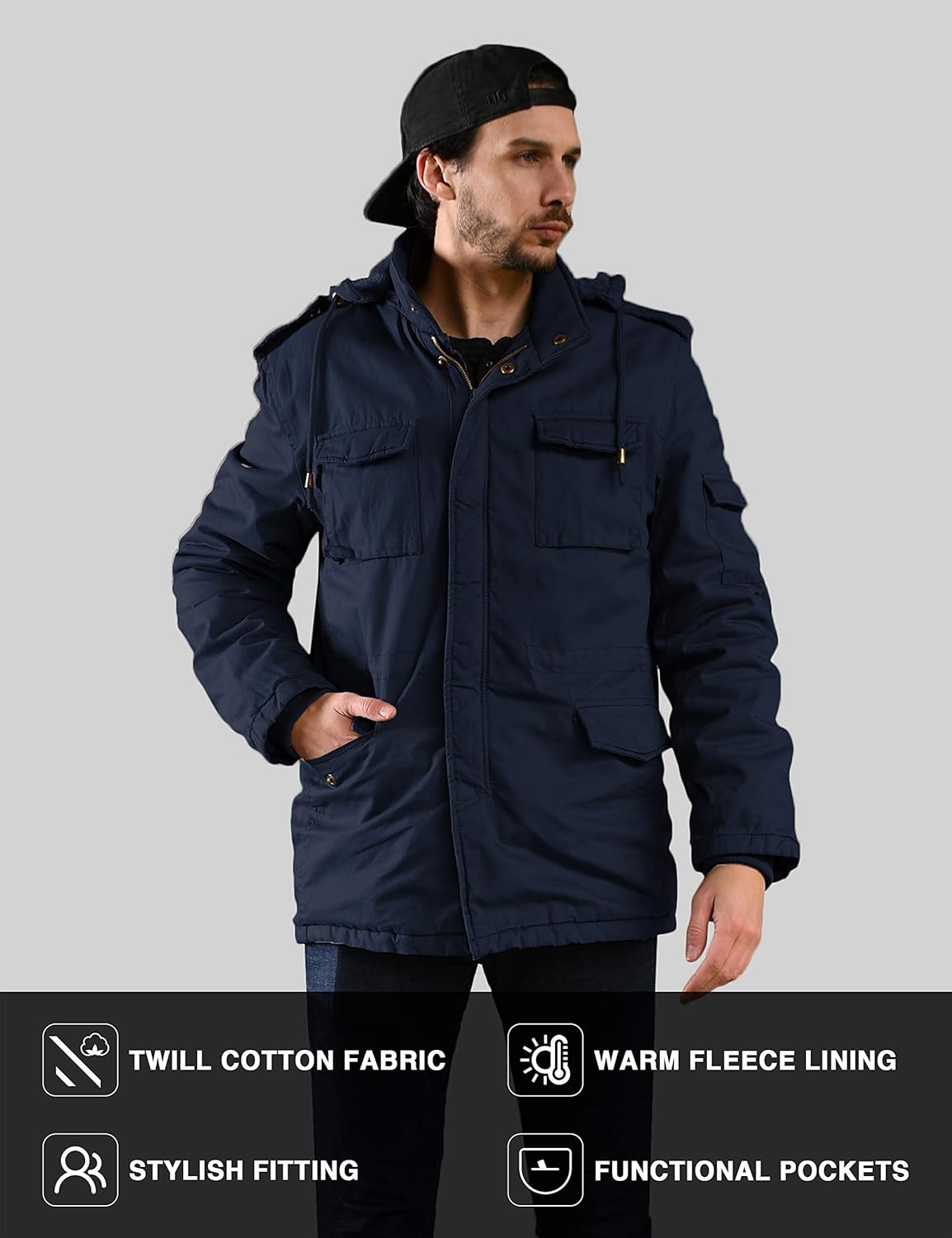WenVen Men's Winter Military Thicken Parka Jacket Warm Coat with Removable Hood - Image 4