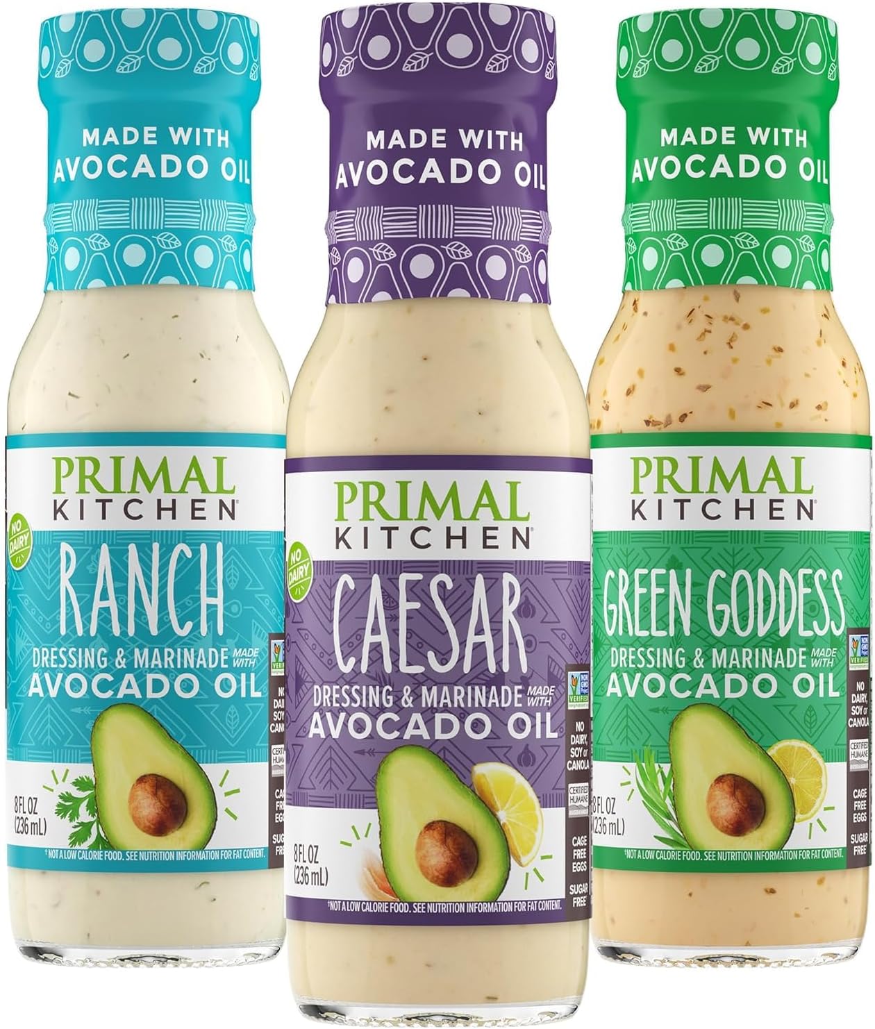 Ranch Dressing, Caesar Dressing, and Green Goddess Dressing & Marinade, Made with Avocado Oil, 8 Fluid Ounces, Variety Pack of 3
