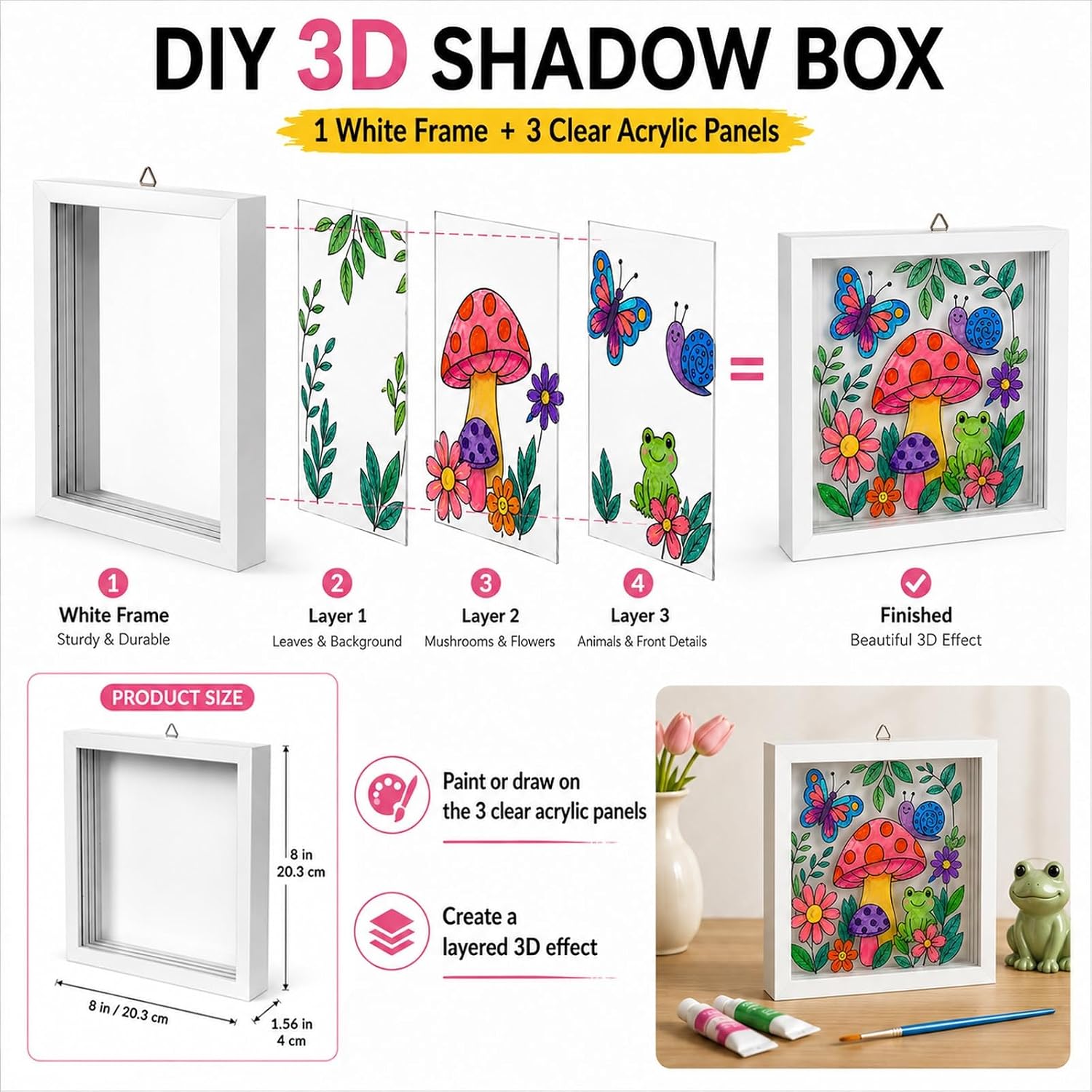 Paint Your Own 3D Shadow Box Frame, 8x8 Blank 3-Layer DIY Art Frame for Painting, Creative Craft Kit for Adults, Kids, Artists, Wall & Tabletop Decor
