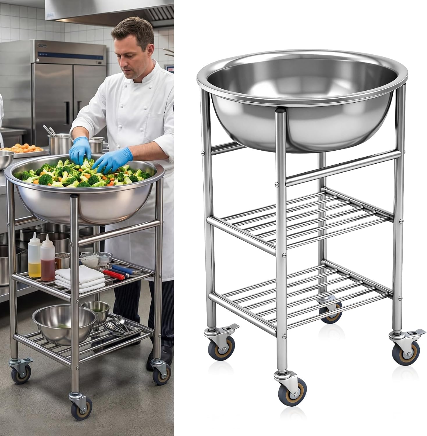 Zonon Commercial Mixing Bowl Cart with Wheels, Heavy-Duty Stainless Steel Prep Station, 30 Qt. Large Capacity Bowl, 2-tier Storage, Ideal for Restaurant and Bakery Kitchens