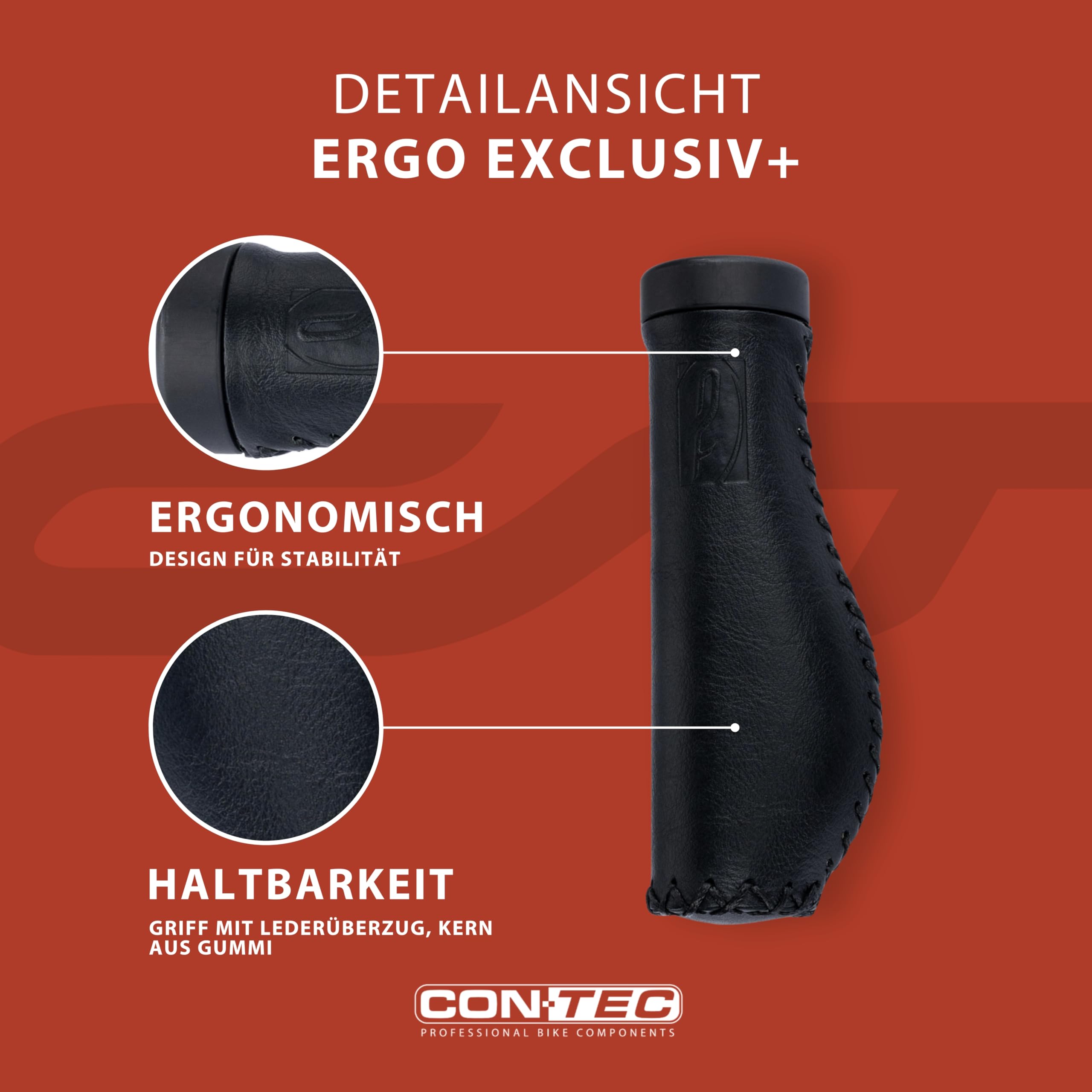 CONTEC Fahrrad-Griffe Ergo Exclusiv+, 135 mm, D3-Dreikomponenten, Leder, Ergonomisch, Stoßdämpfend, Für City- und Trekkingbike, Paar