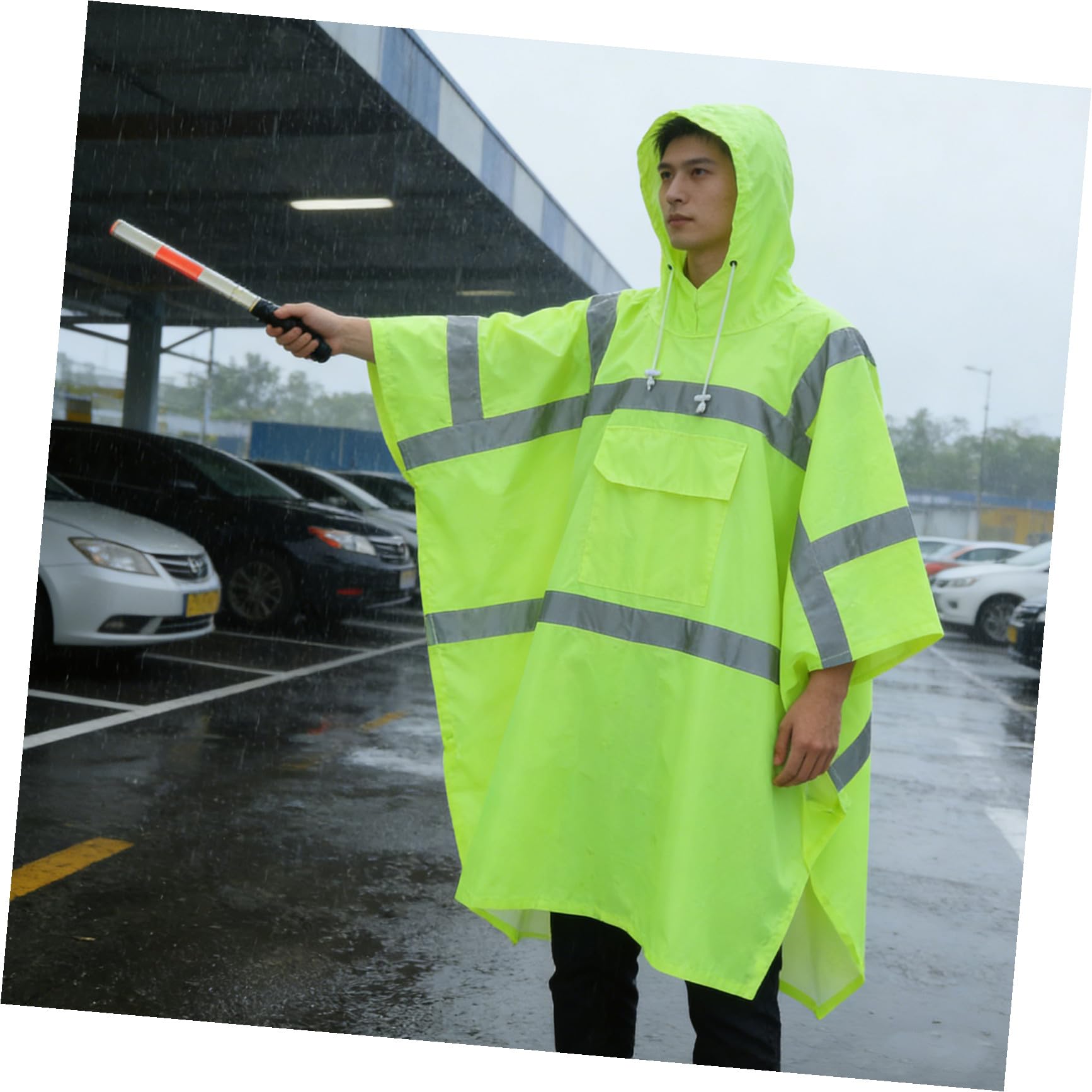 Poncho avec Capuche à Cordon, Tissu Polyester Taffetas Pluie Imperméable Haute Visibilité et Pvc, Coupe-vent et Réfléchissant pour Adultes pour Vélo et Déplacements Quotidiens
