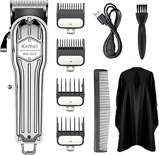 KEMEI 1977 Aparadores de cabelo para homens profissionais, kit de aparadores de cabelo sem fio, cortadores de cabelo molhados/secos, recarregável por USB, conjunto de corte de cabelo para uso doméstico e barbeiros, prata