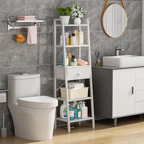 Miniatura 4 de Furologee Estantería de 5 niveles, estante de escalera con cajón, estantería alta y estrecha, organizador de estantes de almacenamiento, unidades de