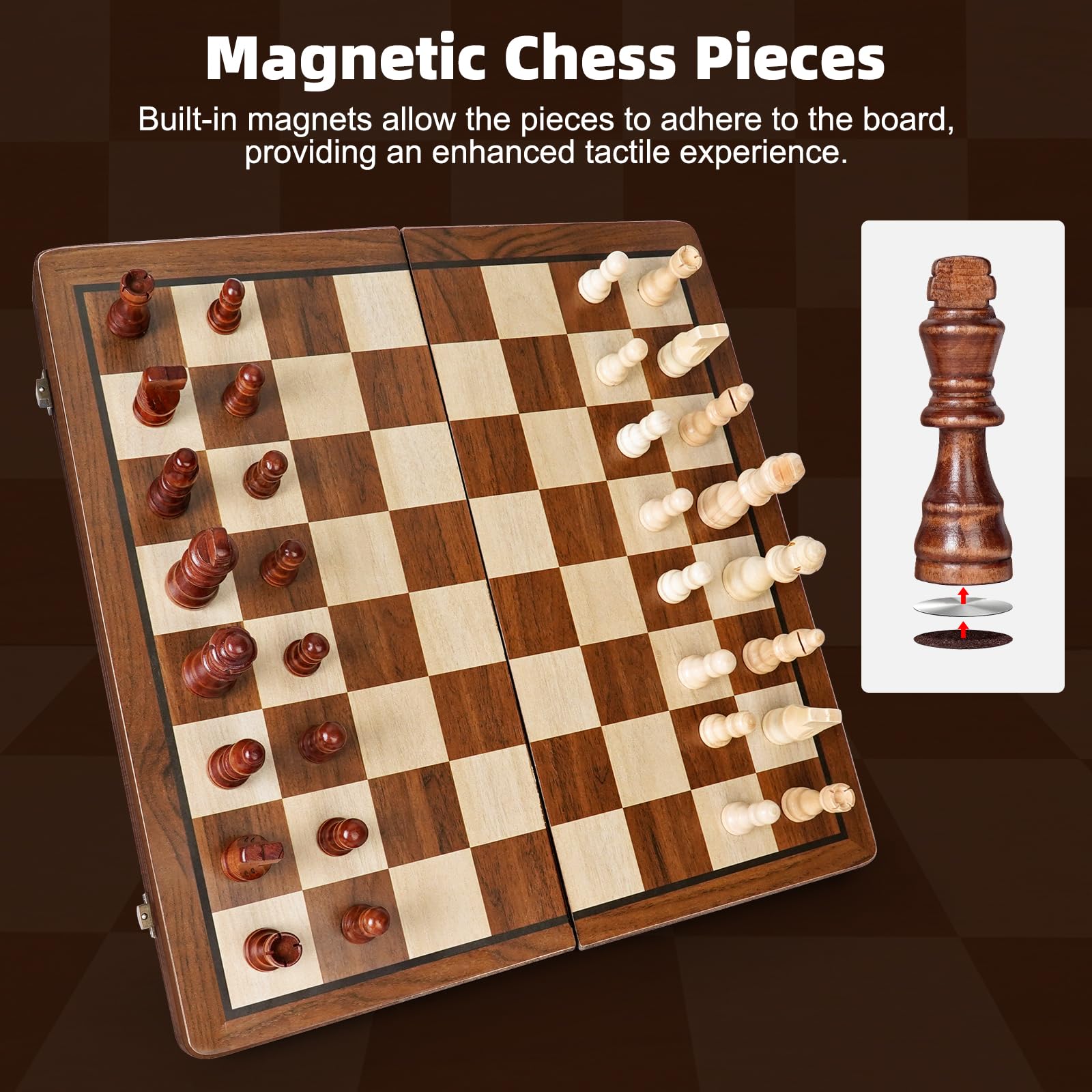 Jeu D'échecs, 2 en 1 Echiquier Magnetique, Jeu Echec en Bois 39 x 39 cm, Pliable Portable Ensemble D'échiquier avec Sac de Rangement, Idéal pour Enfants et Adultes Lors de Fêtes et Voyages