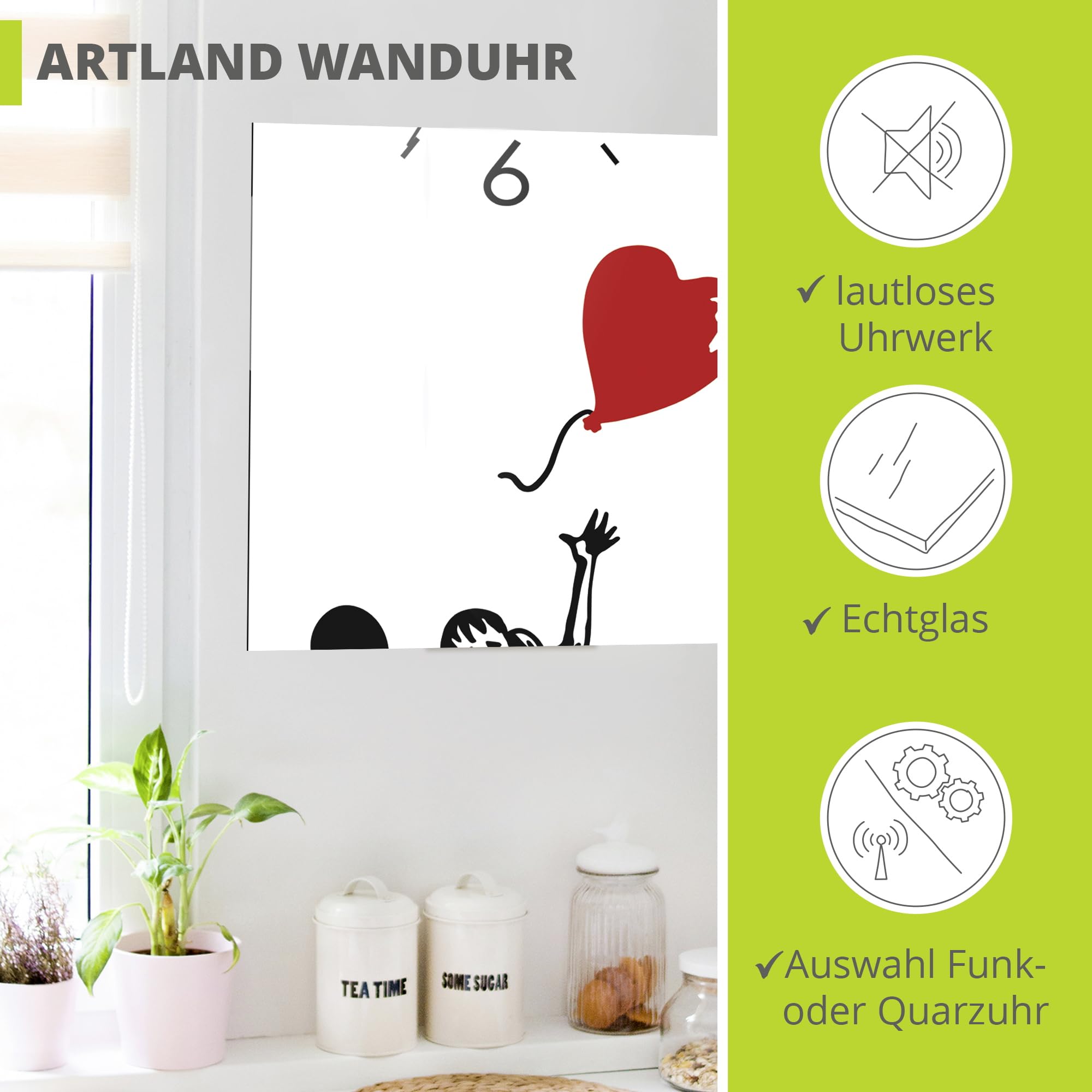 ARTLAND Wanddeko Wanduhr ohne Tickgeräusche Glas Quarz Uhr 20x60 cm Rechteckig Lautlos Graffiti Street Art Modern Mädchen Herz Schwarz Weiß U1UK