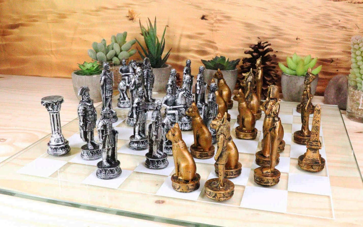 Ebros Kingdoms at War Legendary Historical Egyptian Empire Versus Roman Empire Chess Set Made of Hand Painted Resin Chess Pieces and Frosted Glass Checkered Board