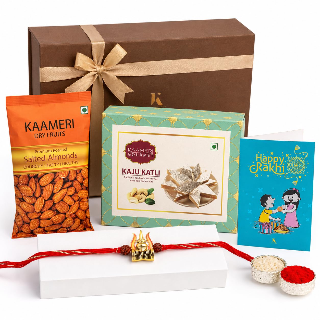 Kaameri Bazaar Spiritual Rudraksh Trishul Rakhi for Brother with Kaju Katli 100g, Salted Almonds 35g, Roli Chawal, Greeting Card & Premium Gift Box-image-17