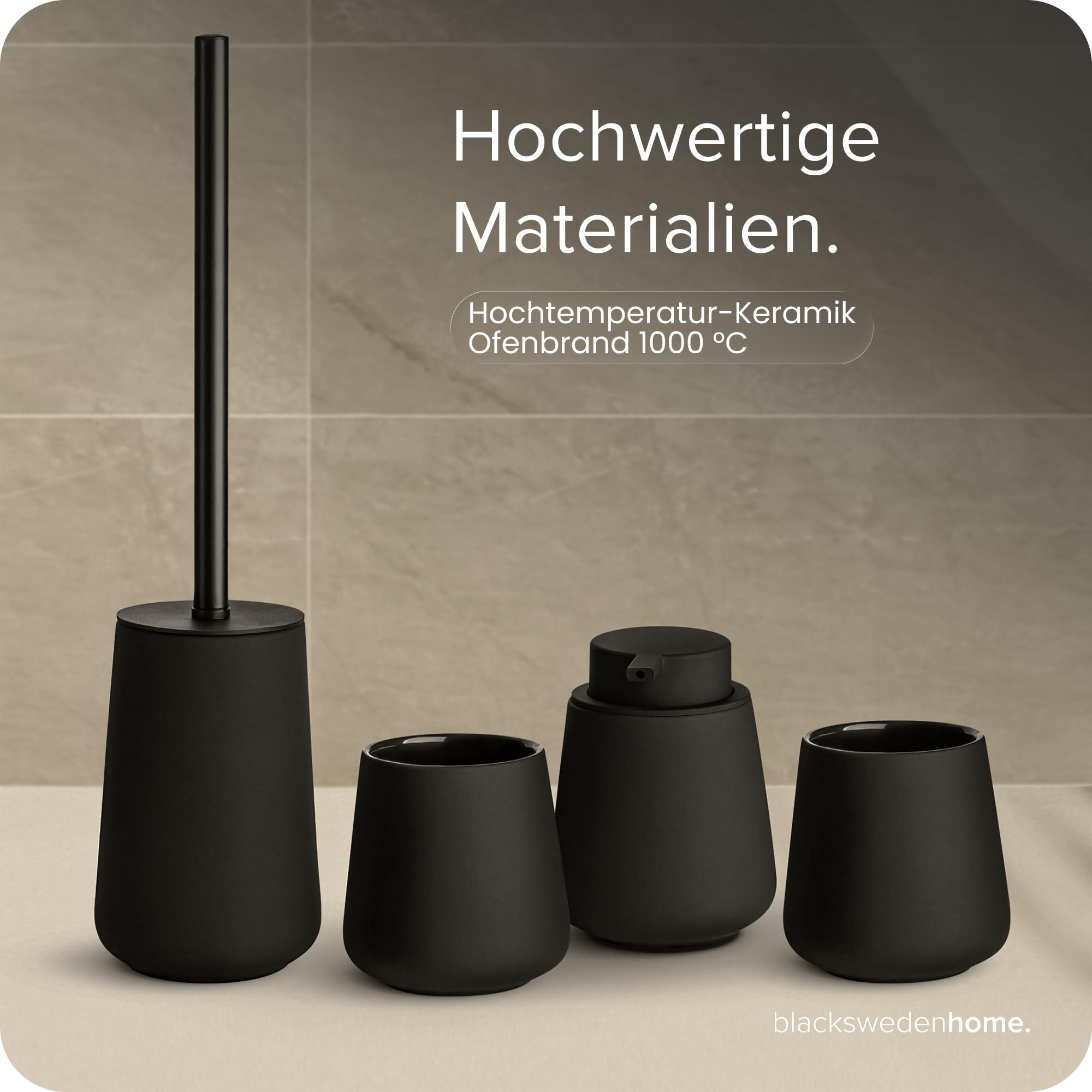 blackswedenhome. Badezimmer Set Schwarz - Hochwertiges Keramik Set - Seifenspender schwarzs, Zahnputzbecher, Toilettenbürste mit Silikonborsten - Nordic Design, Badaccessoires matt, Seifenspender Bad