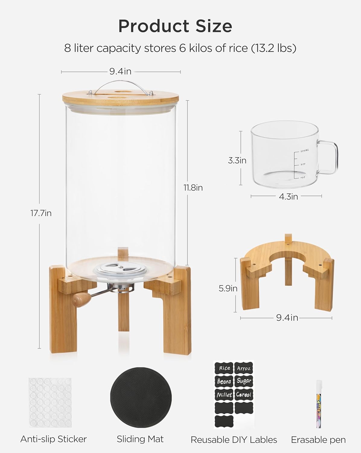 14-16 lbs Glass Rice Dispenser with Wooden Stand Flour and Cereal Container with Glass Measuring Cup & Labels & Slider mat Pantry Food Organization Storage Bin with Airtight Bamboo Lid, 8L