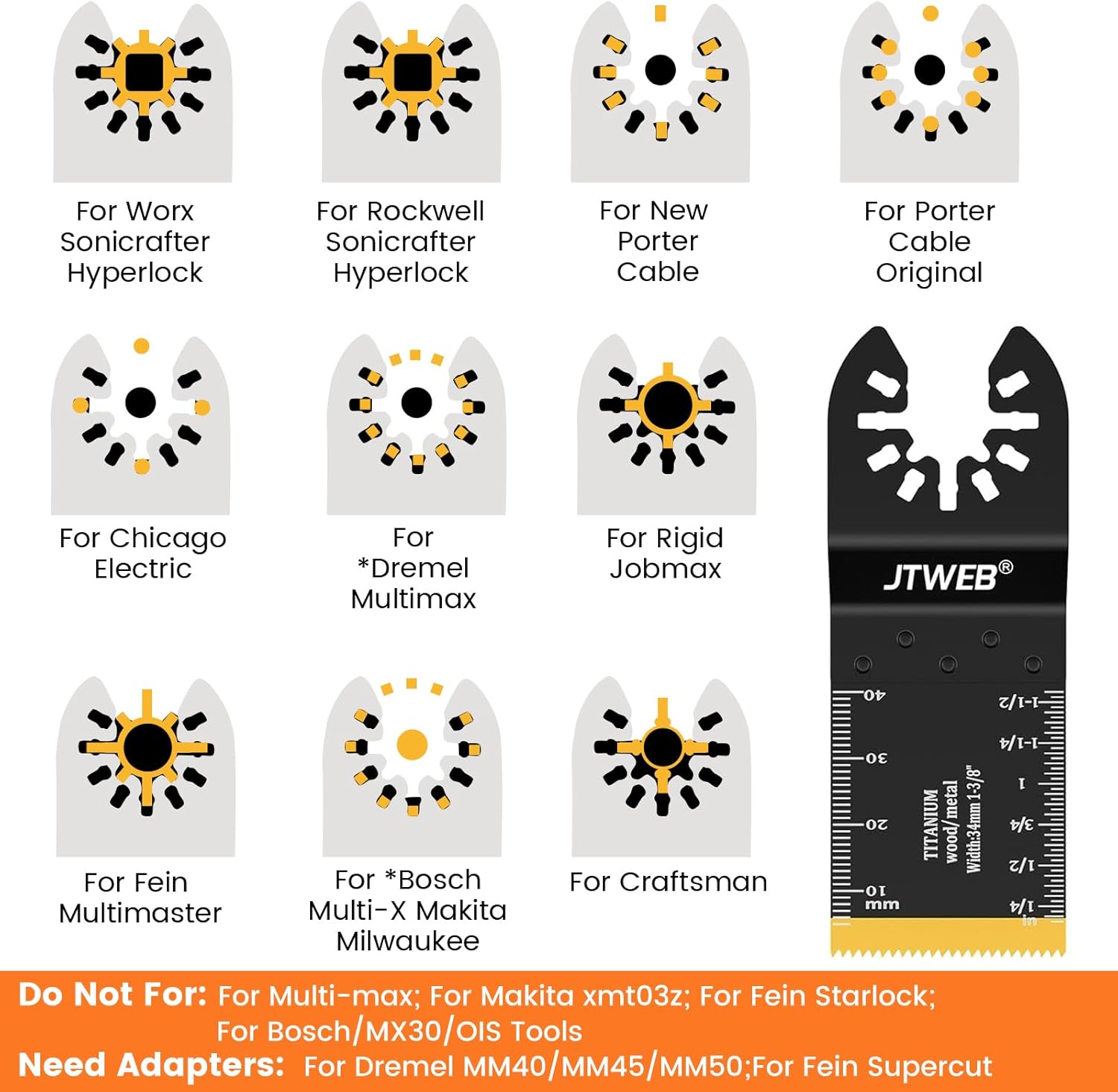 JTWEB 50PCS Titanium Oscillating Multitool Blades, Oscillating Tool Blades for Metal Nails Oscillating Saw Blades Metal Cutting, Multi Tool Blades Kits Wood Plastic for Milwaukee Rockwell Ryobi