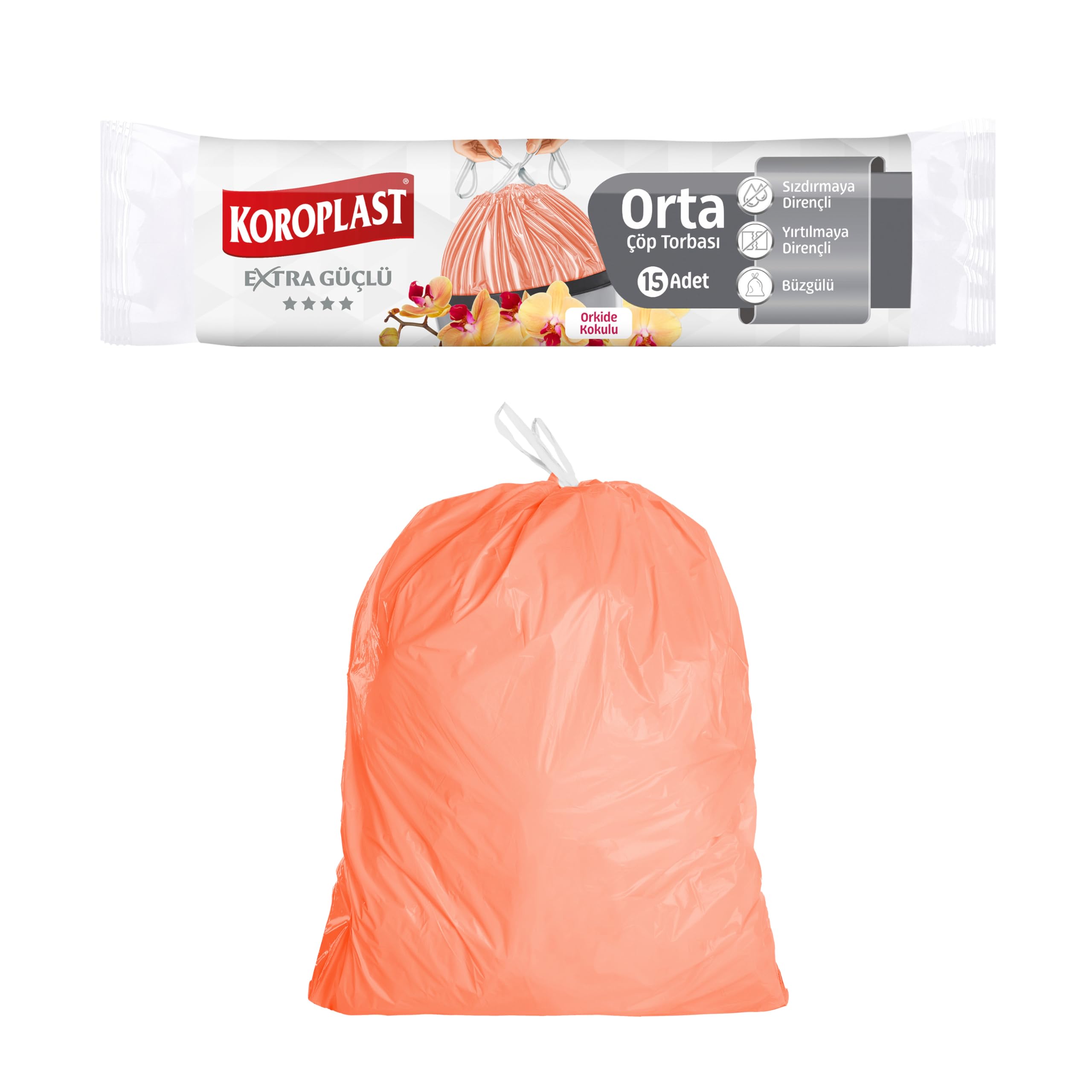 Koroplast Ekstra Güçlü Orkide Kokulu Orta Boy Büzgülü Çöp Torbası 15'li 55x60 cm, Kolay Bağlanır Kokulu Büzgülü Orta Boy Çöp Torbası, Sızdırmaz, Yırtılmaz, Geri Dönüştürülebilir Atık Torbası