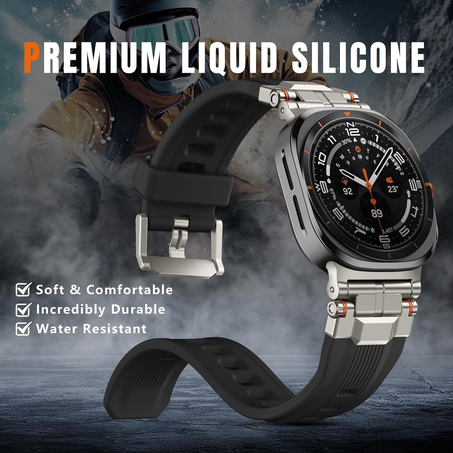 Bandletic Liquid Silicone Bands Compatible with Samsung Galaxy Watch Ultra Band 47mm for Men 2025 2024 - Soft Rugged Sport Strap with Stainless Steel Buckle - Black Band with Titanium Connector
