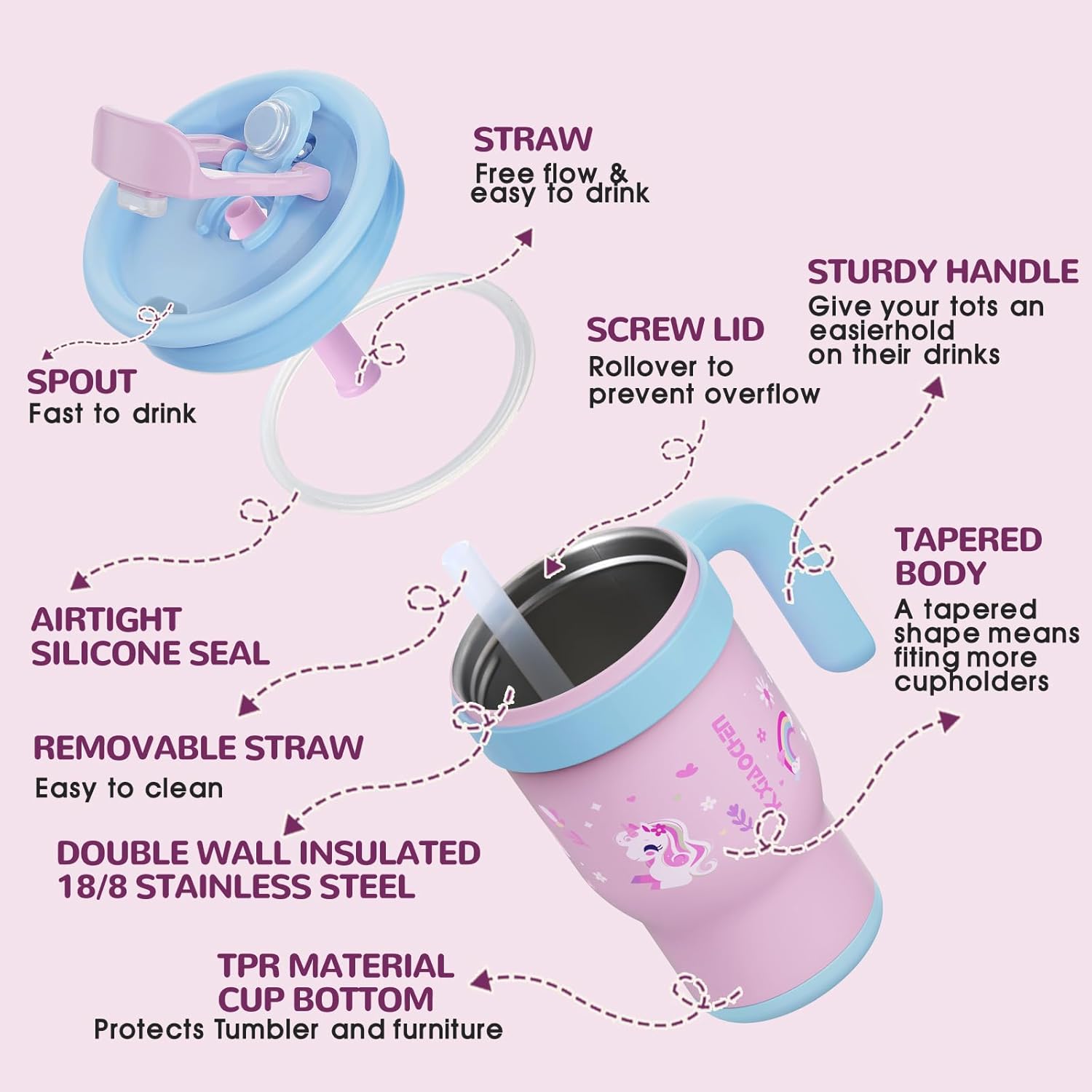 KXIAOCHEN 14 oz Kids Tumbler with Handle for Spill Proof Insulated Stainless Steel Reusable Tumbler for Toddlers, Keeps Drinks Cold up to 24 Hrs,Unicorn+Butterfly2P - Image 6
