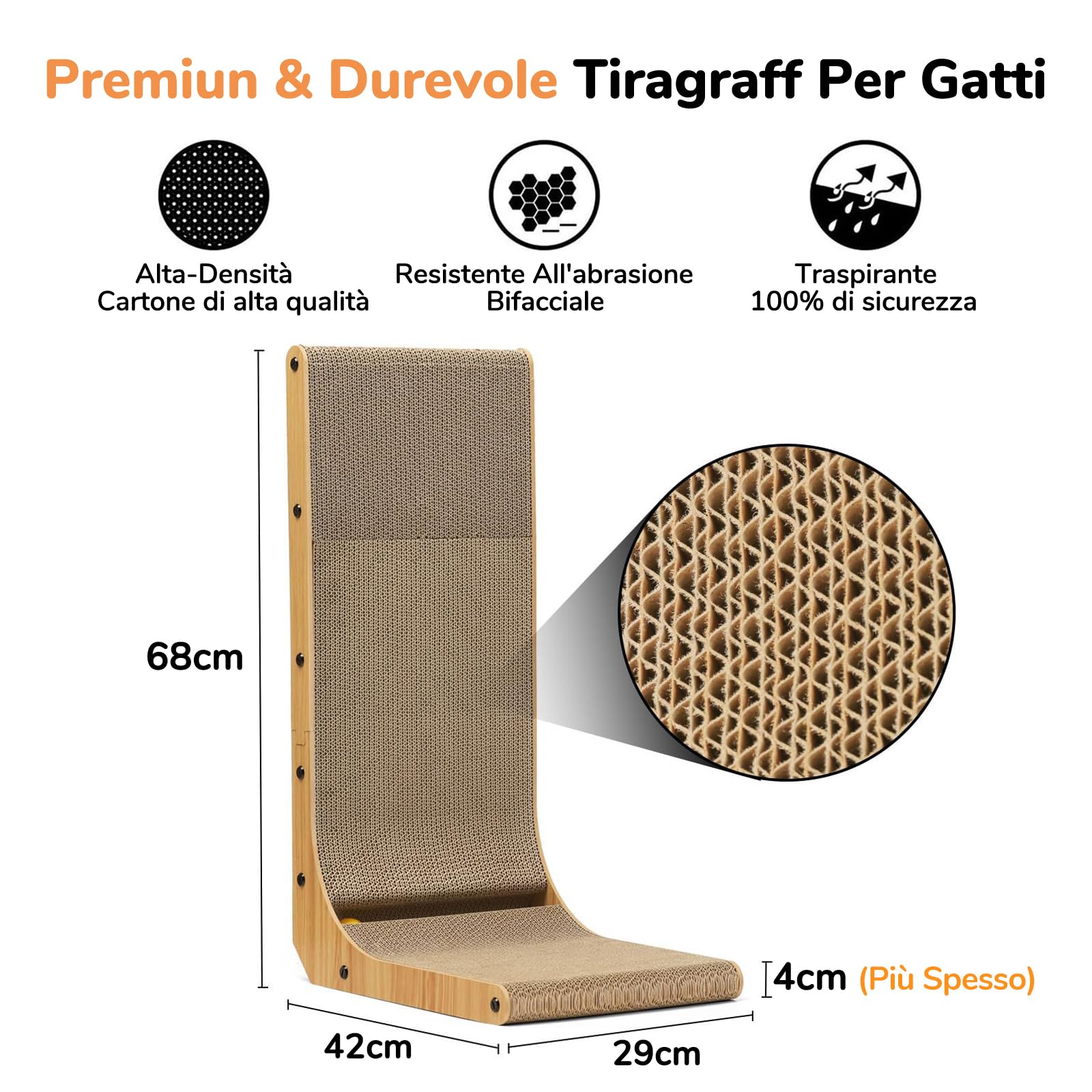 FUKUMARU Tiragraffi per Gatti, Tiragraffi Verticale a Forma di L Alto 68 cm, Tiragraffi con Palla Giocattolo, Tappetini Tiragraffi per Gatti in Cartone di Alta Qualità per Pareti e Angoli.