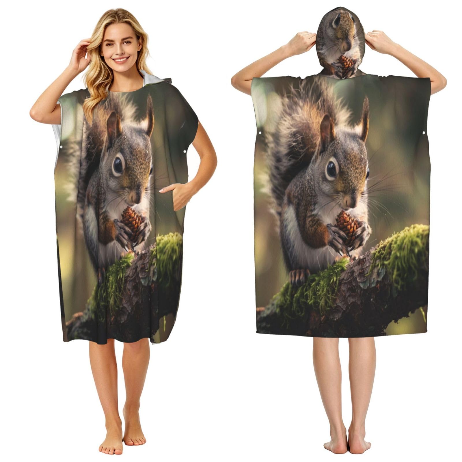 DTHKJNLSF Squirrels In The Forest Adult Hooded Beach Poncho Towel