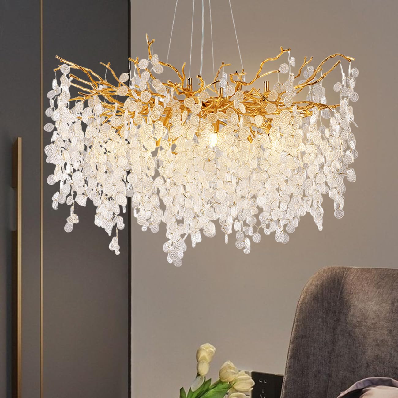 SXECAEPS Modern creative chandelier Modern Crystal, Gold Branch Lighting Frosted Raindrop Large Kitchen Island Hanging Light Fixture for High Ceiling, Dining Room, Foyer,Round 100cm