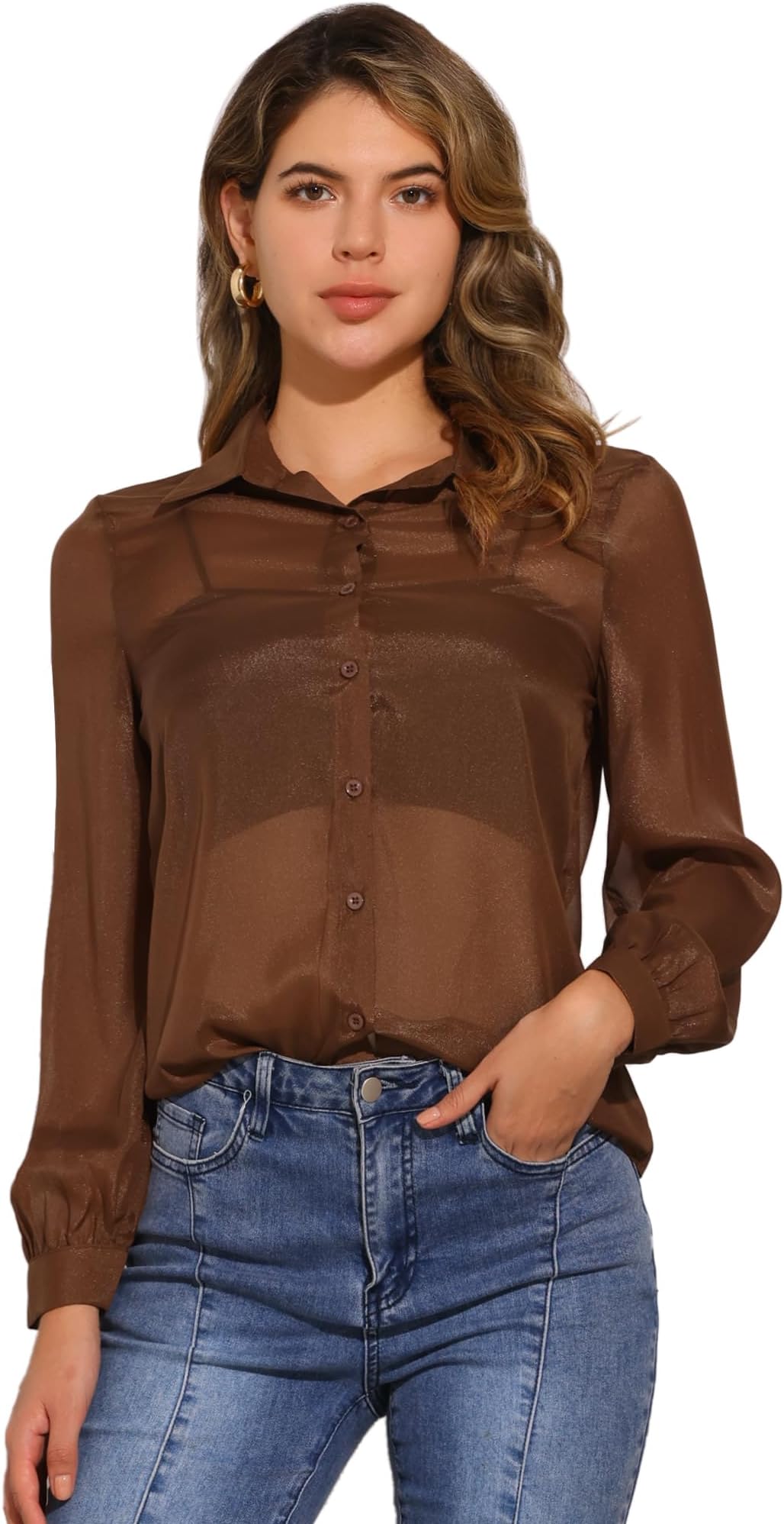 Sheer Button Up Blouse for Women's See Through Mesh Long Sleeve Shirt Tops