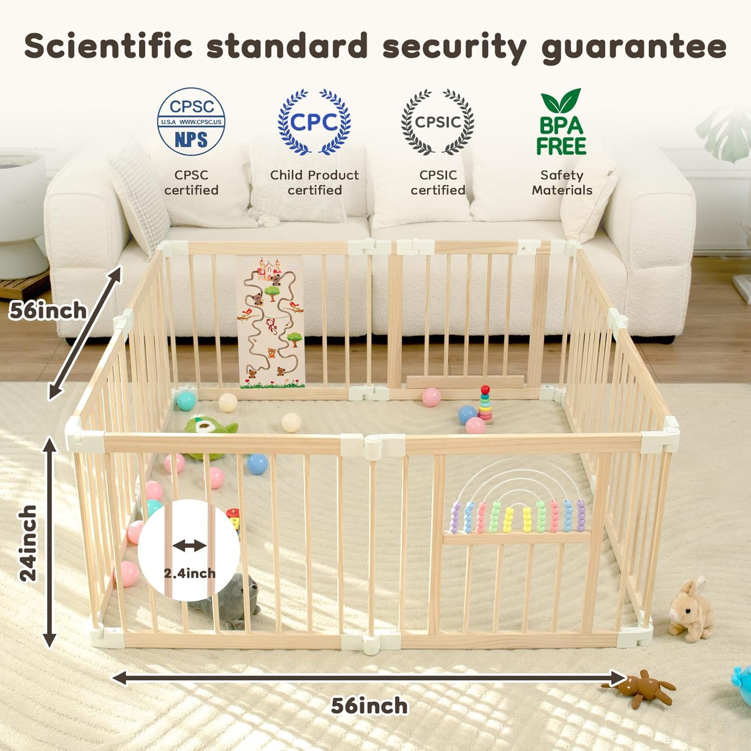 Foldable Wooden Baby Playpen Activity Center,Adjustable Size & Shape Portable Play Yard, Baby Fence Play Area with Gate for Indoor Use for Babies and Toddlers(56x56x24inches)