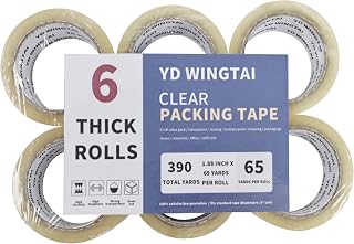 Clear Packing Tape, Heavy Duty, 6 Rolls, 1.88 Inch x 65 Yards Per Roll, Thick Industrial Shipping Packaging Moving Tape