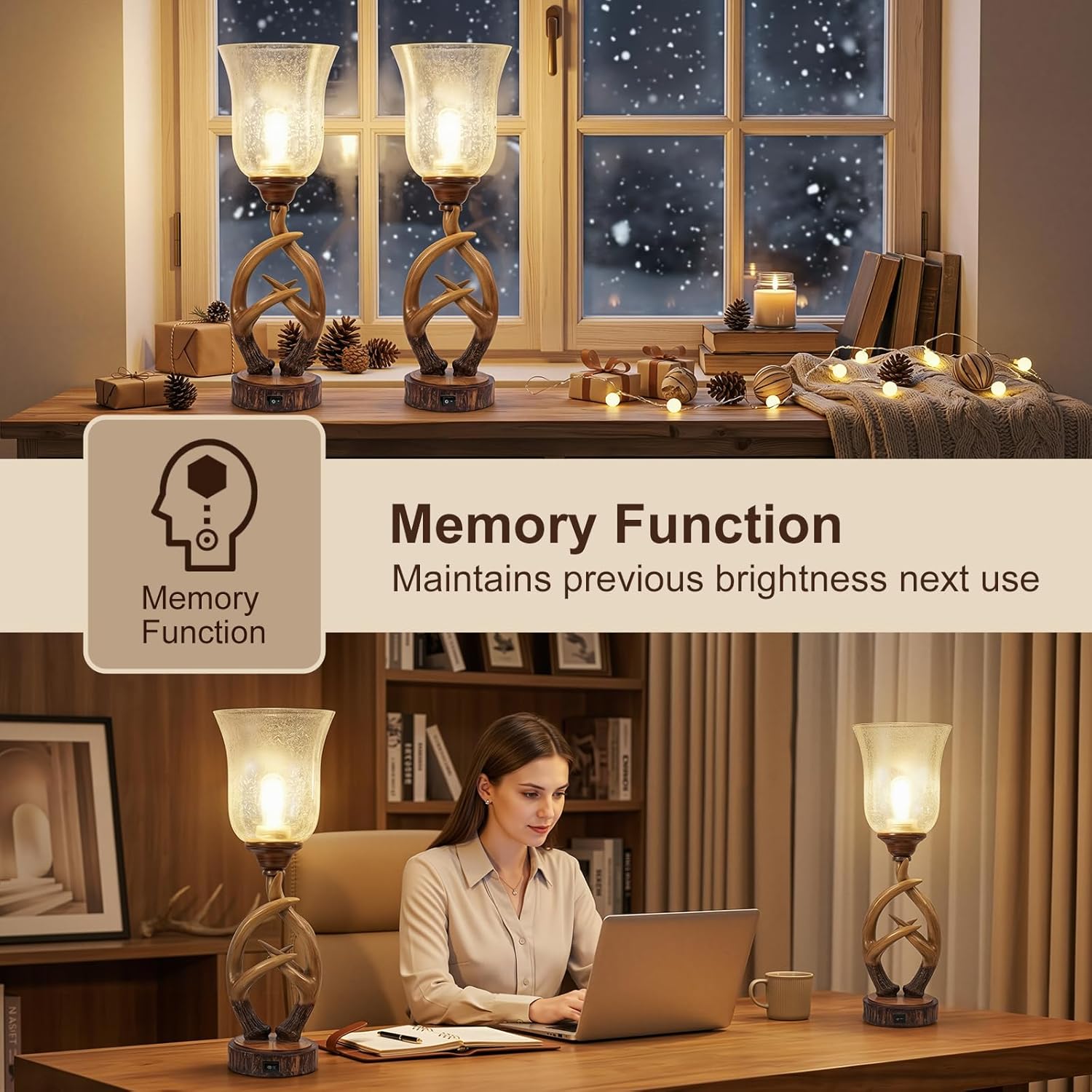 Scenekoy Antler Table Uplight Lamp Set of 2 for Living Room Bedroom, 20.5” Resin Memory Function Bedside Lamps with Glass Shade, Rustic Nightstand Lamp with USB Ports for Home Decor (Bulb Included)
