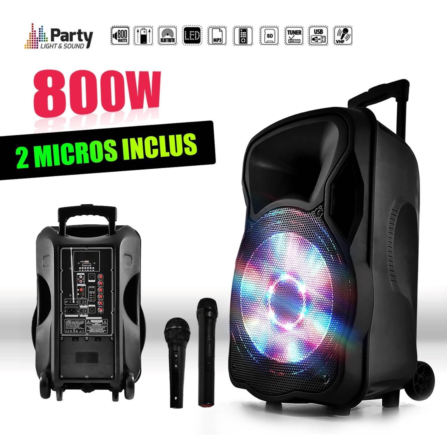 Enceinte Sono Mobile amplifiée 800W 15" LED/USB/BT/SD/FM + Micros sans-Fil/Filaire PARTY15