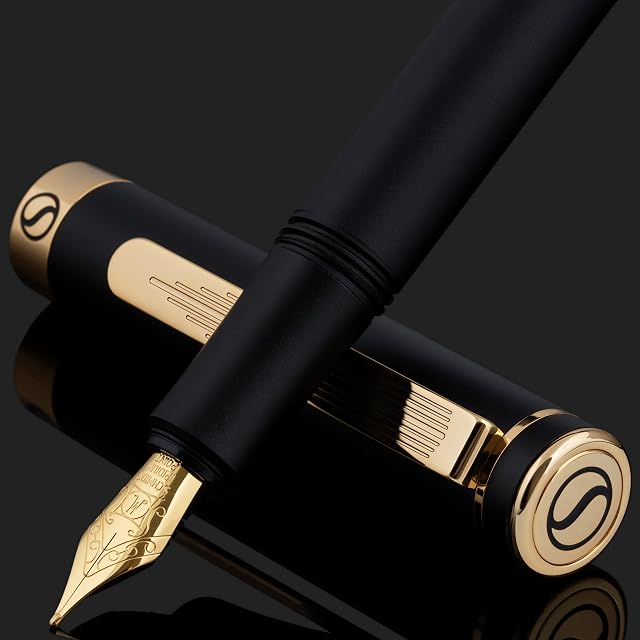 Scriveiner Luxury EDC Fountain Pen (Medium), Stunning Black Pocket Pen, 24K Gold Finish, Schmidt 18K Gilded Nib, Converter, Best Writing Pen Gift Set for Men & Women, Nice Fancy Office Designer Pen