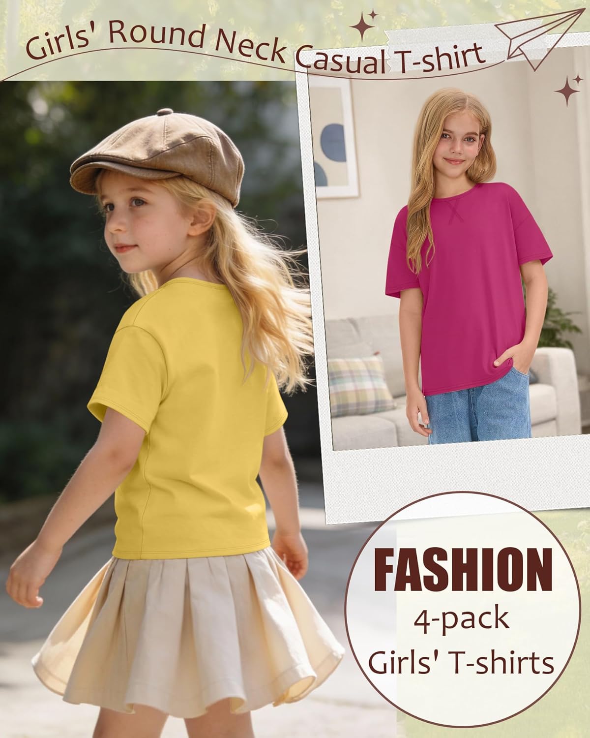 Oakgarden 4 Pack Girls Short Sleeve T-Shirts 5-14Y Crew Neck Drop Shoulder Tops Kids Loose Casual Athletic Basic Shirts Tees
