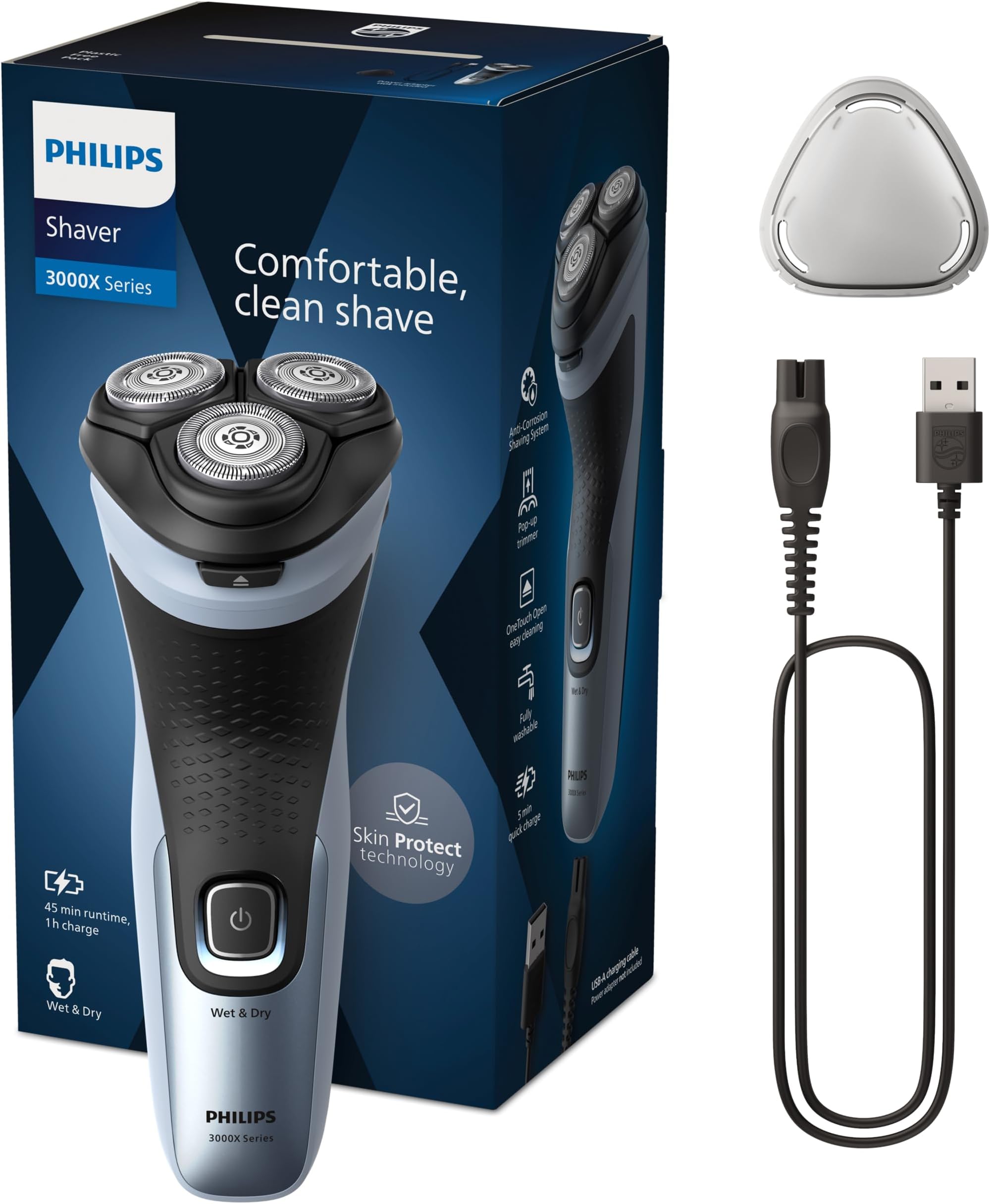 Electric Shaver Series 3000X - Wet & Dry Electric Shaver for Men in Celestial Blue, with SkinProtect Technology, Pop-up Beard Trimmer, Ergonomic Men's Shaver (Model X3053/00)