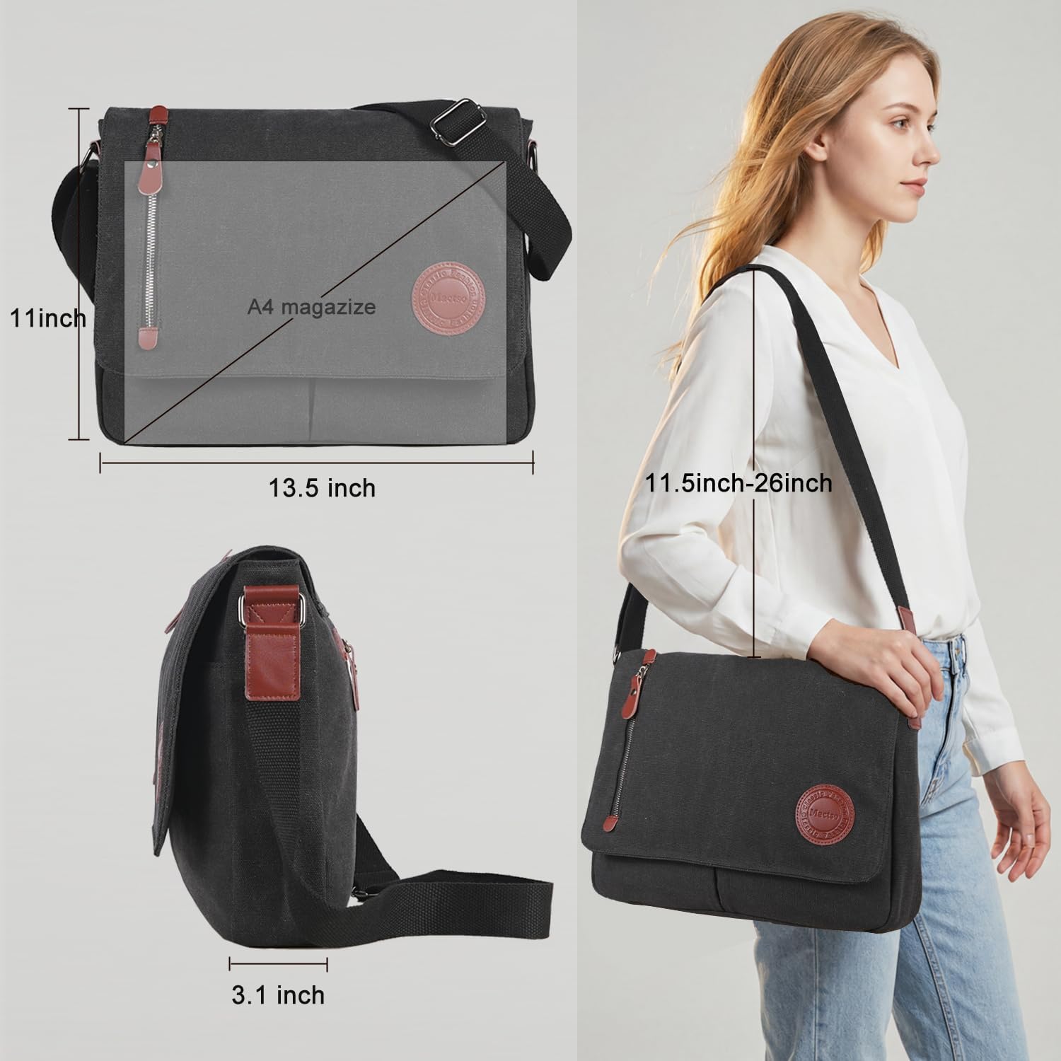 Mactso Vintage Canvas Messenger Bag for Men Women, 13.5 Inch Laptop Satchel Shoulder Bag with Multiple Pockets, Crossbody Bag for Work Travel College (Black) image 2