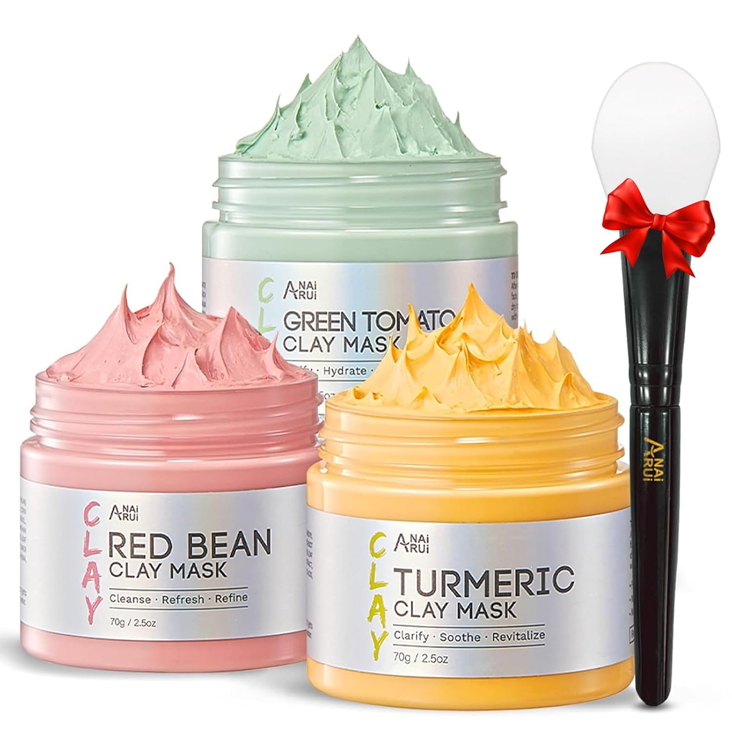 ANAI RUI 3 Pcs Pore Cleansing Face Mask Set Green Tomato Clay Mask – Turmeric Vitamin C Facial Mask Red Bean Refreshing Pore Mask, Relaxing Spa Gift Set Self Care for Women/Teens Girls 2.5 oz each