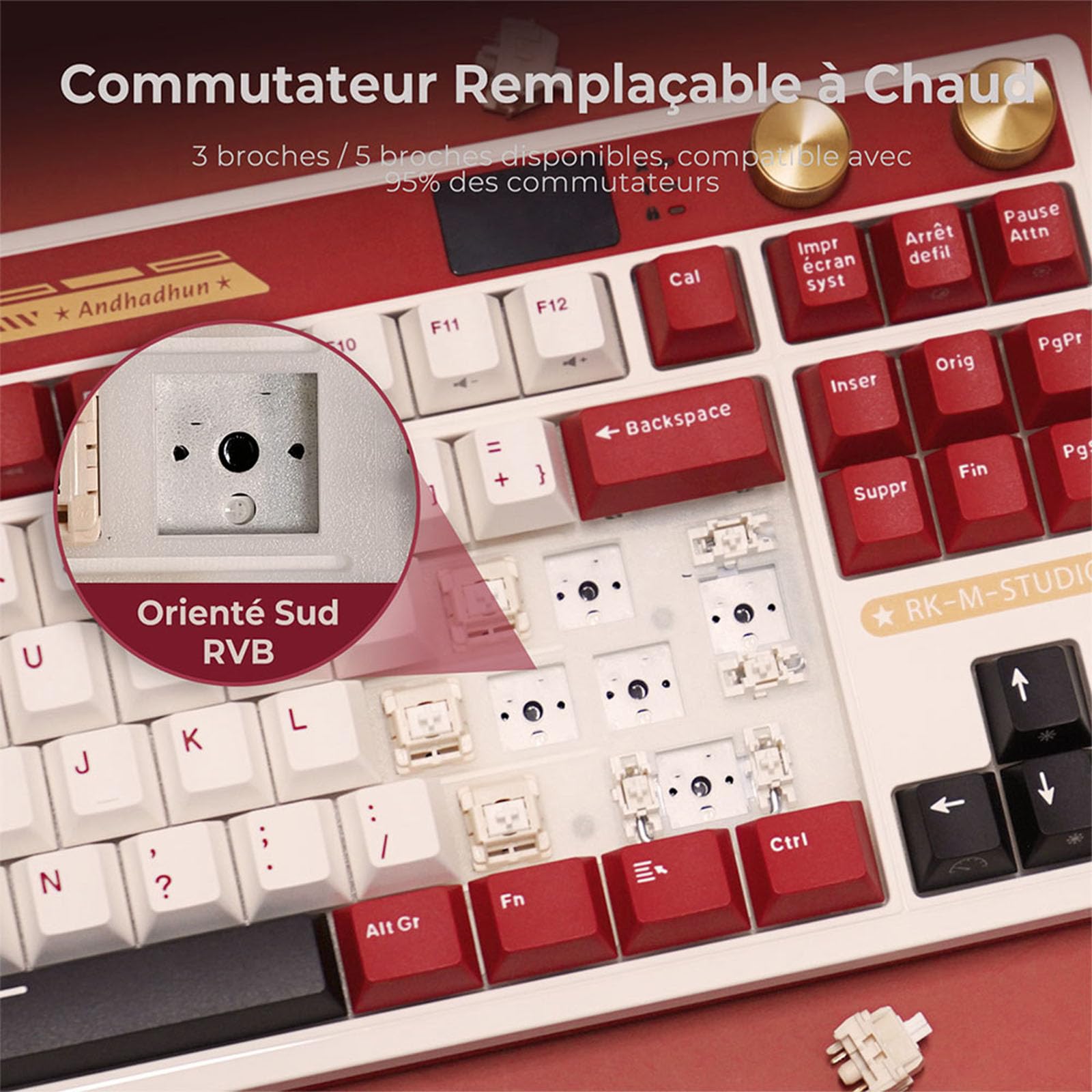 RK ROYAL KLUDGE M87 Clavier Mécanique AZERTY, 75% Gasket Clavier Sans Fil Gamer Tir-Mode, avec intelligen écran and Deux boutons, RVB Backlit, Clavier TKL Hot-swap, batterie 7500mAh, Cream Switch