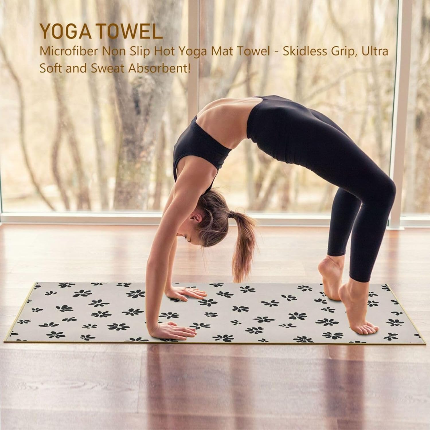 Floral Black White Yoga Mat Towel with Silicone Grip Dot – 73"x27" Non-Slip Sweat Absorbent Microfiber Yoga Towel for Home Gym Studio