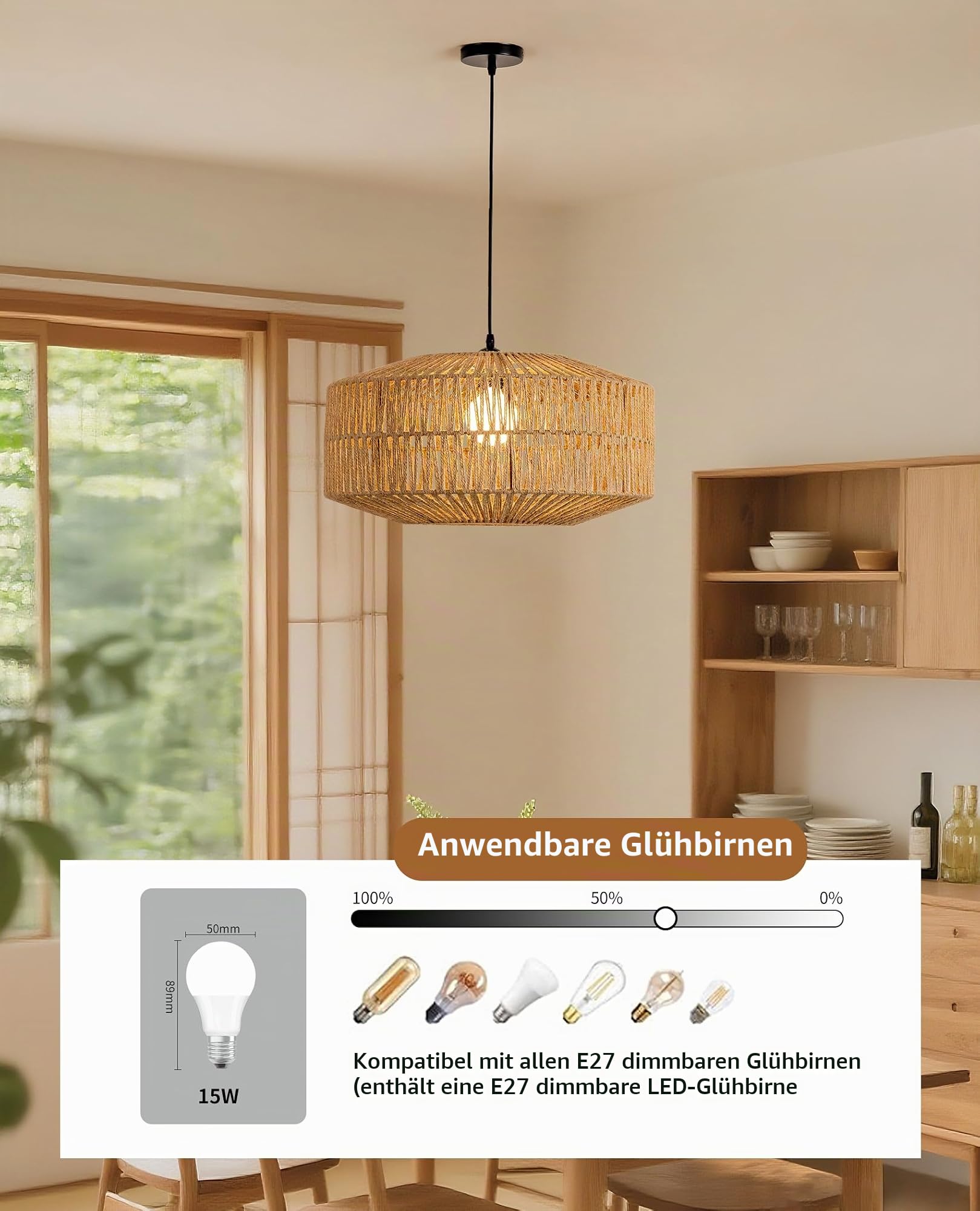 JAYNLT Pendelleuchte Rattan - Vintage Boho Pendelleuchte Hängelampe, E27 Rattan Deckenlampe Hängend, Ø30cm Hängeleuchte Geflochten für Wohnzimmer Schlafzimmer Küche
