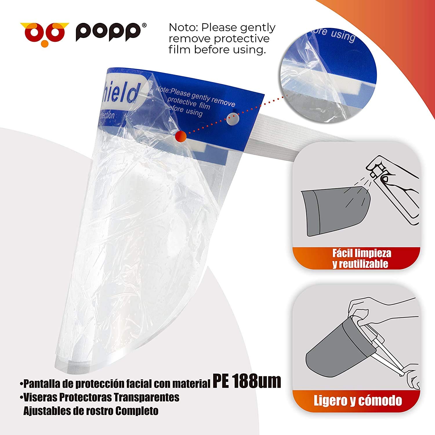 HIBRON POPP Pantalla doble Protección Facial Transparente Antivaho Reutilizables, Pack 5pcs 10pcs 20pcs 30pcs 50pcs 100 pcs Ajustable Al Rostro Completo, Material PE-188um