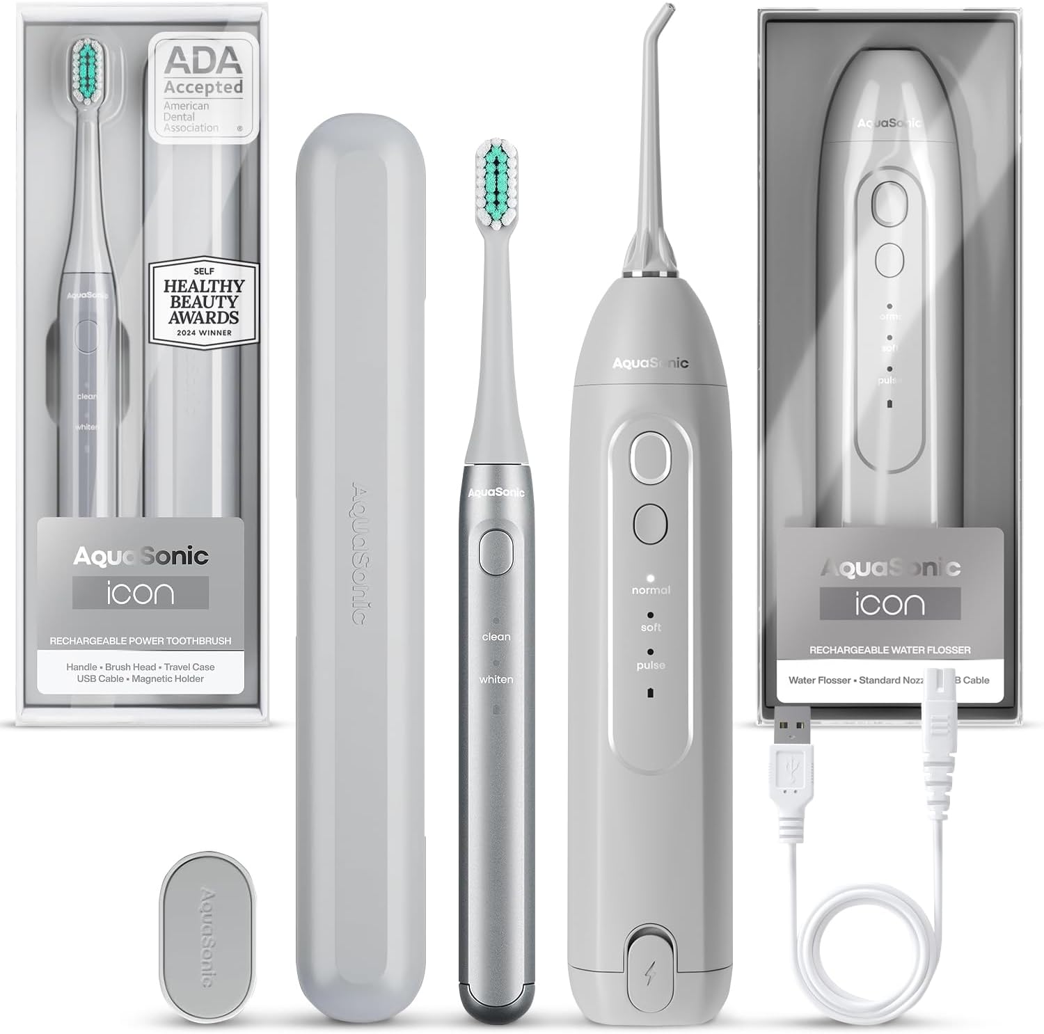 Aquasonic Icon Toothbrush & Water Flosser Bundle (Stone)