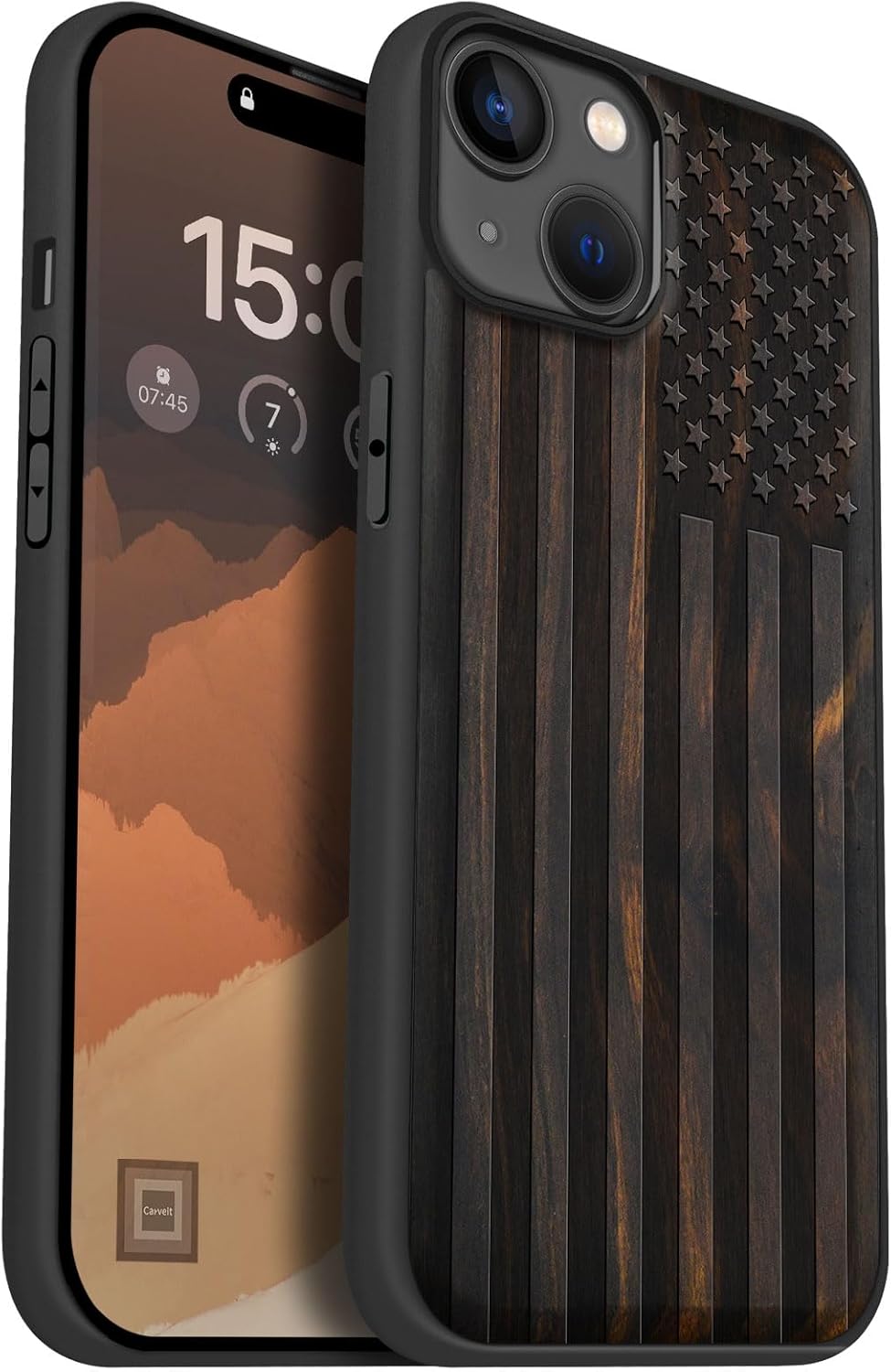 Carveit Magnetic Wooden Case for iPhone 15 Plus Case, Compatible with MagSafe Wireless Chargers, Black Soft TPU Shockproof Cover & Wood Artisan Engraved (American Flag) - Blackwood