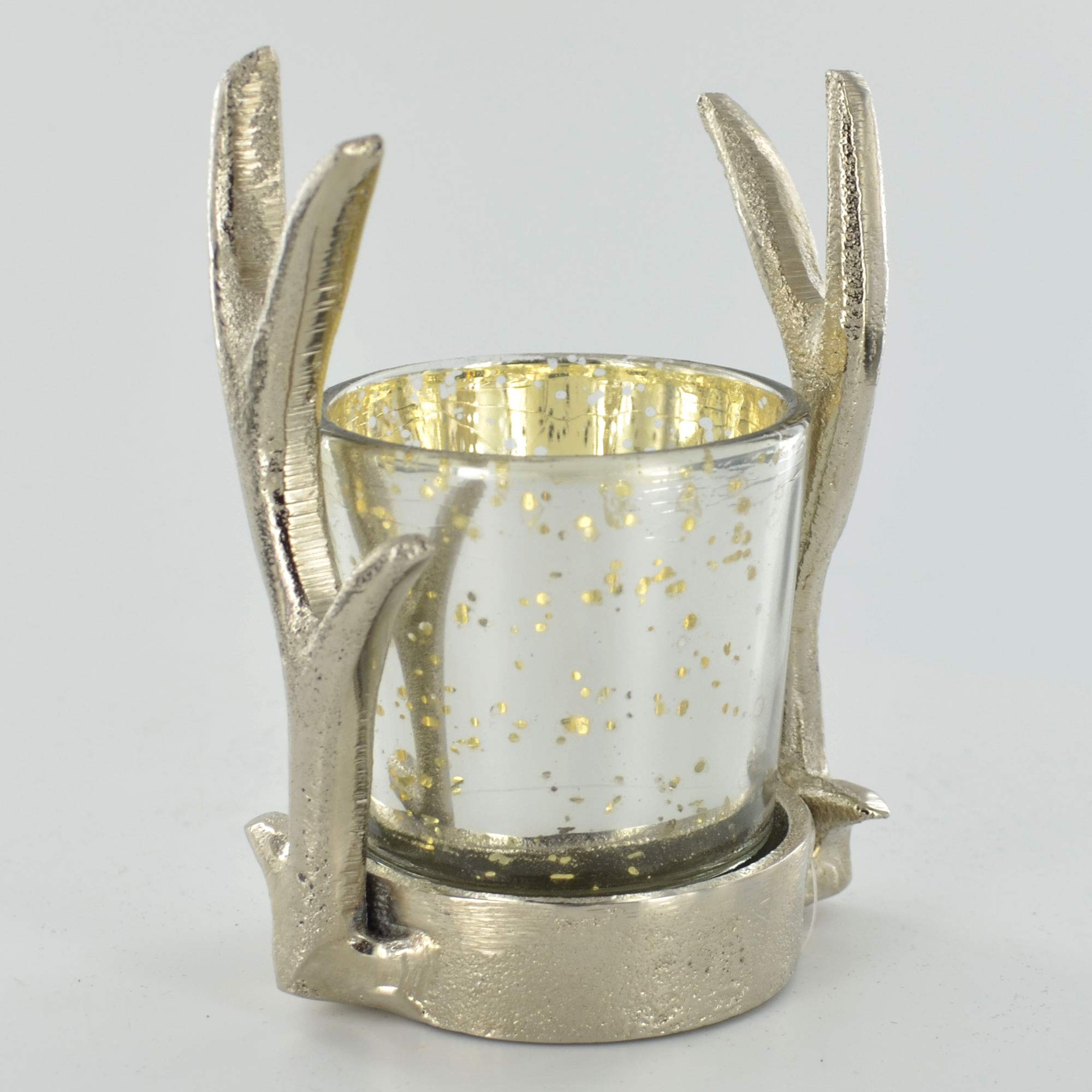 Fiesta Studios Silver Antler Single Tea Light Candle Holder With Glass Metal Winter Stag Deer Decor For Country Home Gift H10.5cm