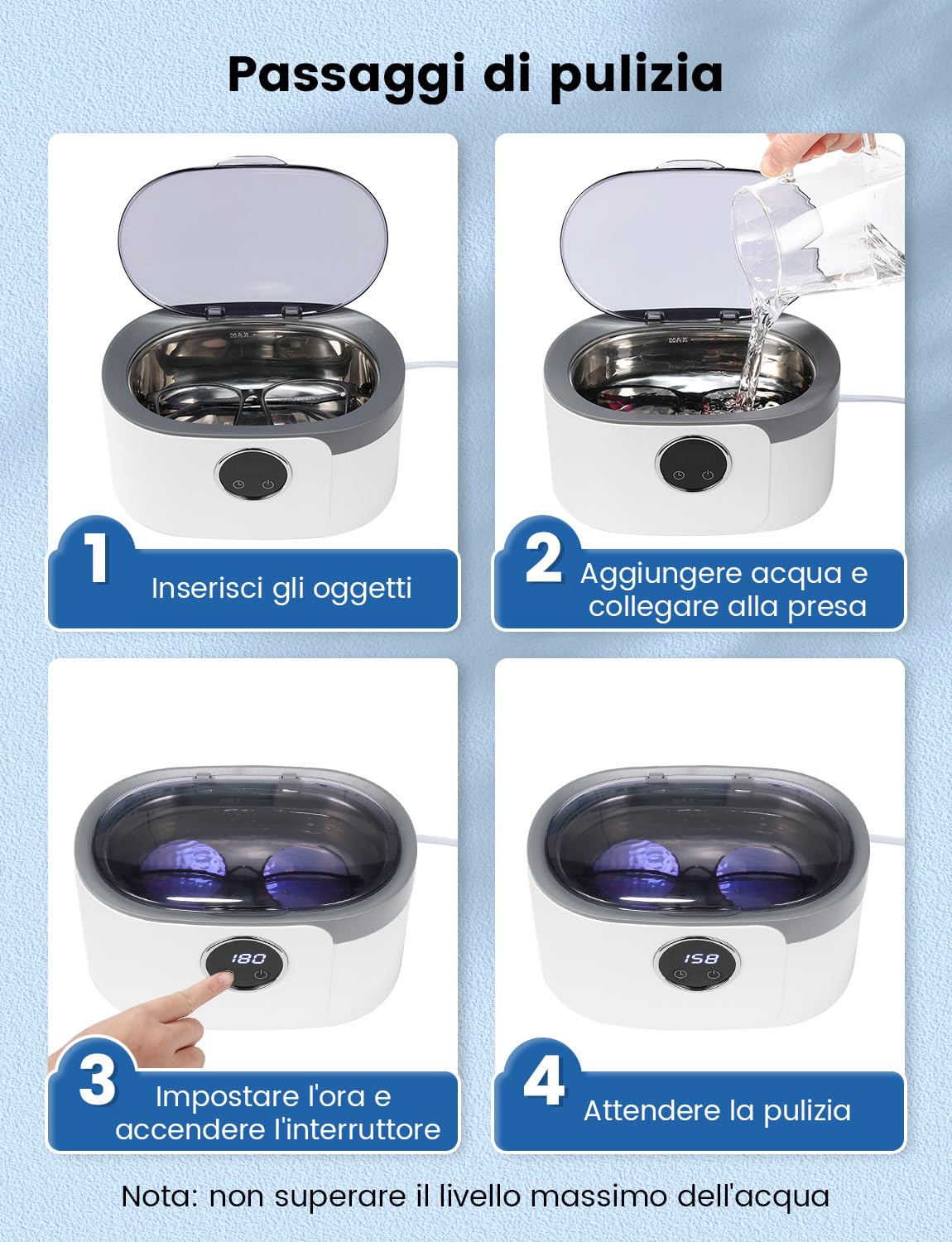 Pulitore Ultrasuoni 600ML Lavatrice Ultrasuoni Vasca Ultrasuoni Lavatrice ad Ultrasuoni Pulitore a Ultrasuoni Dispositivo a ultrasuoni per Occhiali, Gioielli, Orologi, plastica