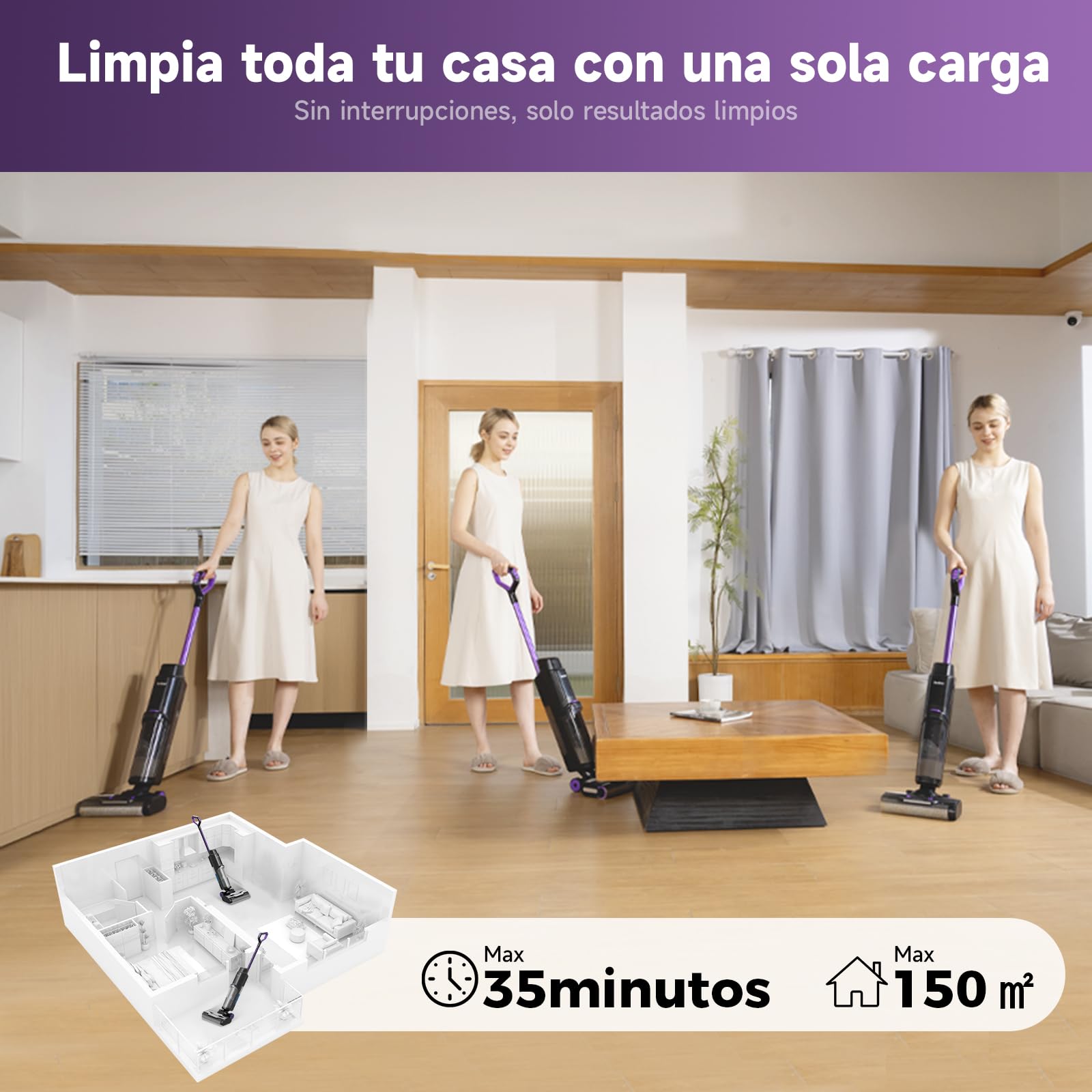 W15 Aspiradora Sin Cable Inteligente 3 en 1, Fregona Eléctrica con 45 Min de Autonomía, 65dB, Avance Automático, Limpieza de Bordes, Potente Succión para Pelo de Mascotas en Suelos Duros