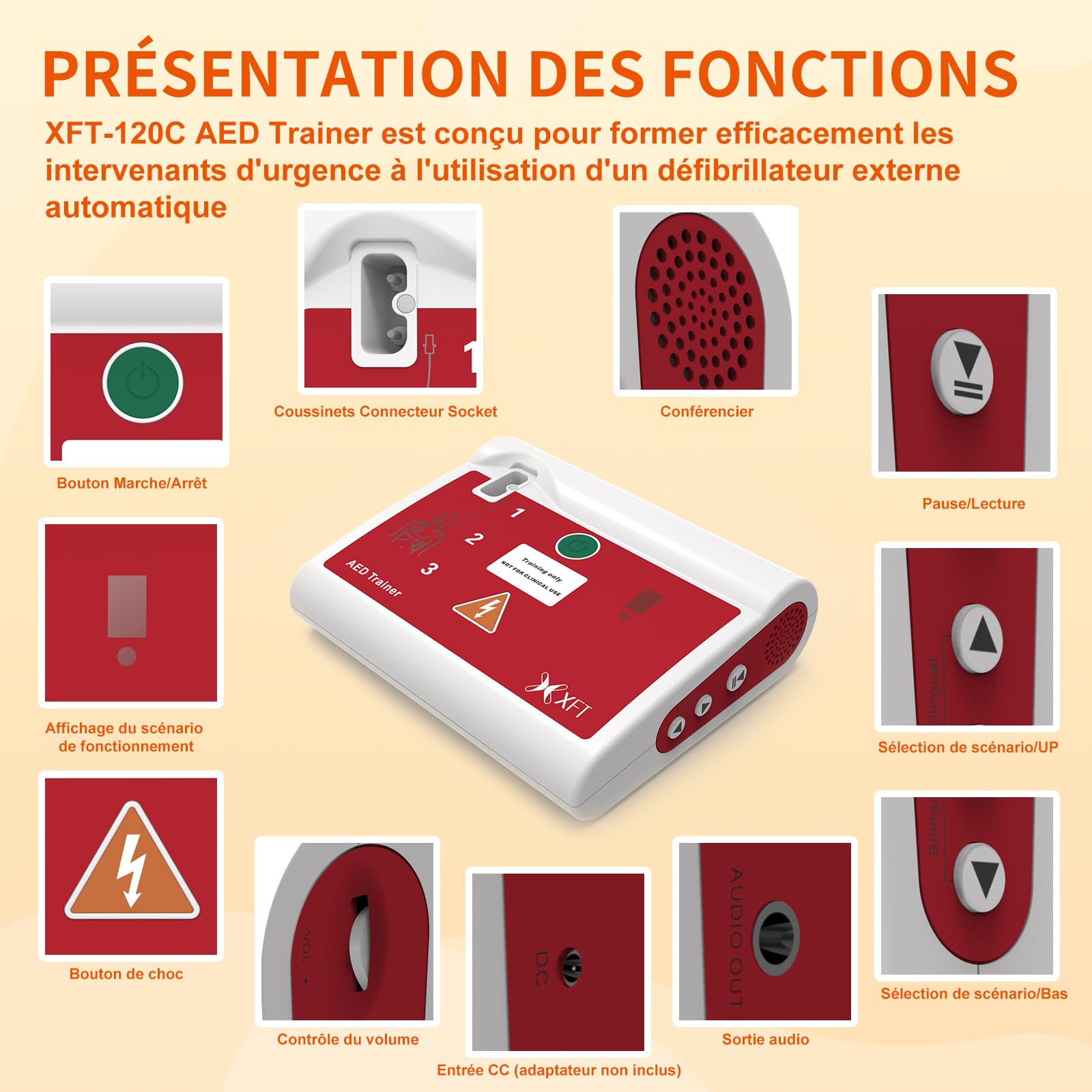 Défibrillateur de Formation - Appareil d'Entraînement de Défibrillateurs, 10 Scénarios Différents, Instructions Vocales en Français/Anglais avec Télécommande pour Formateur Défibrillateur (XFT-120C)